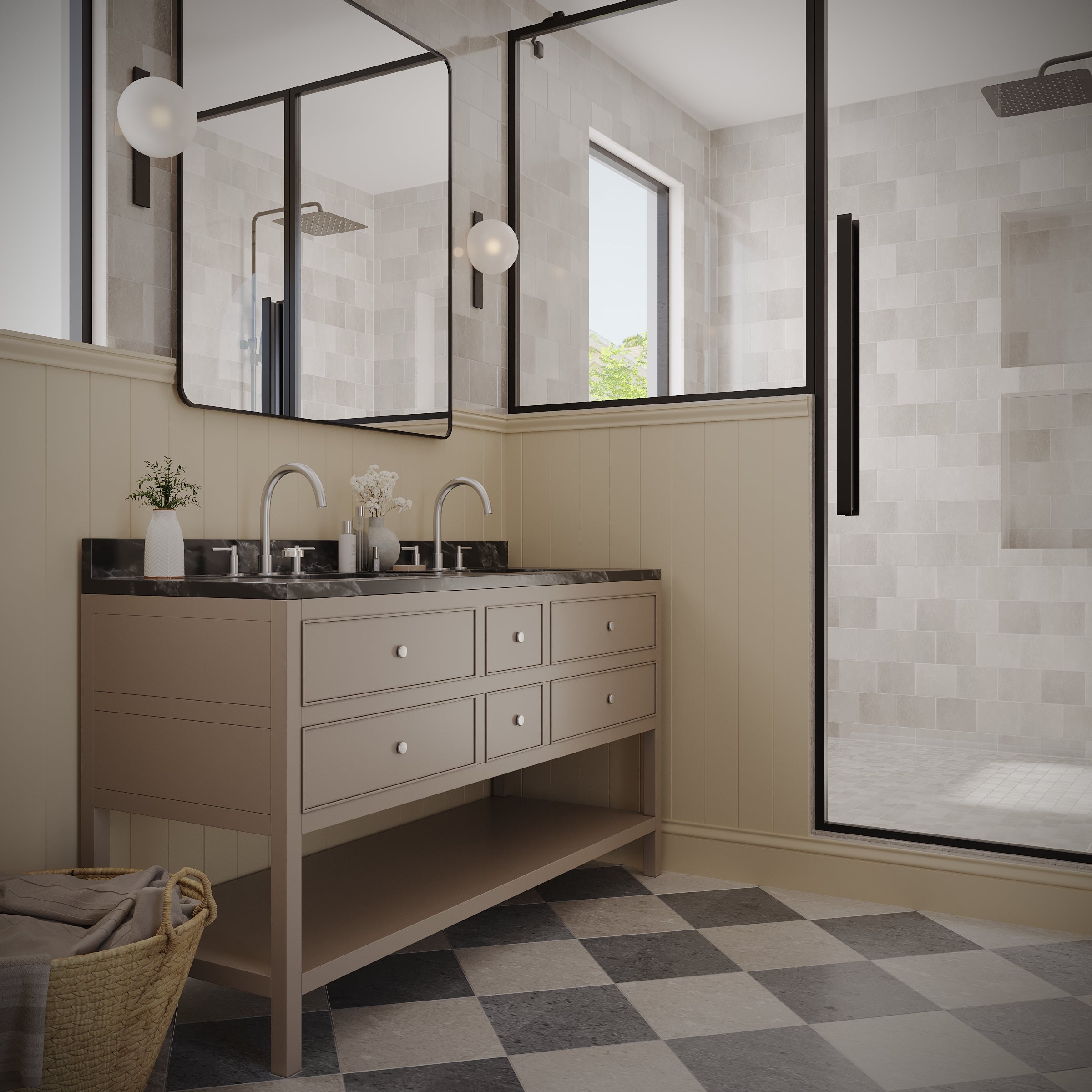 Modern bathroom featuring beige vanity, black granite countertop, large mirrors, and checkered tile flooring with glass shower enclosure