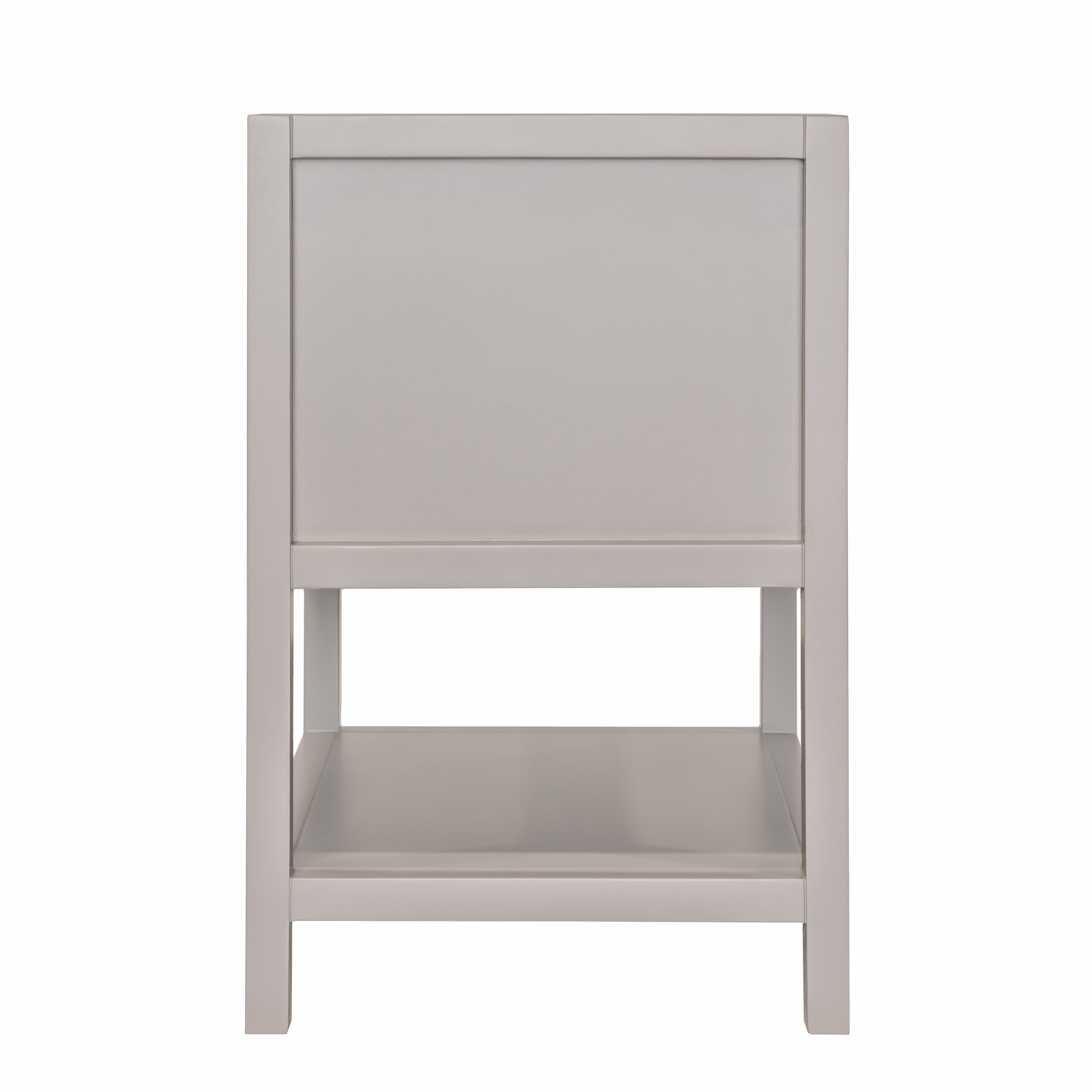 Straight-on view of a minimalist taupe wooden furniture piece with a solid panel and open lower shelf