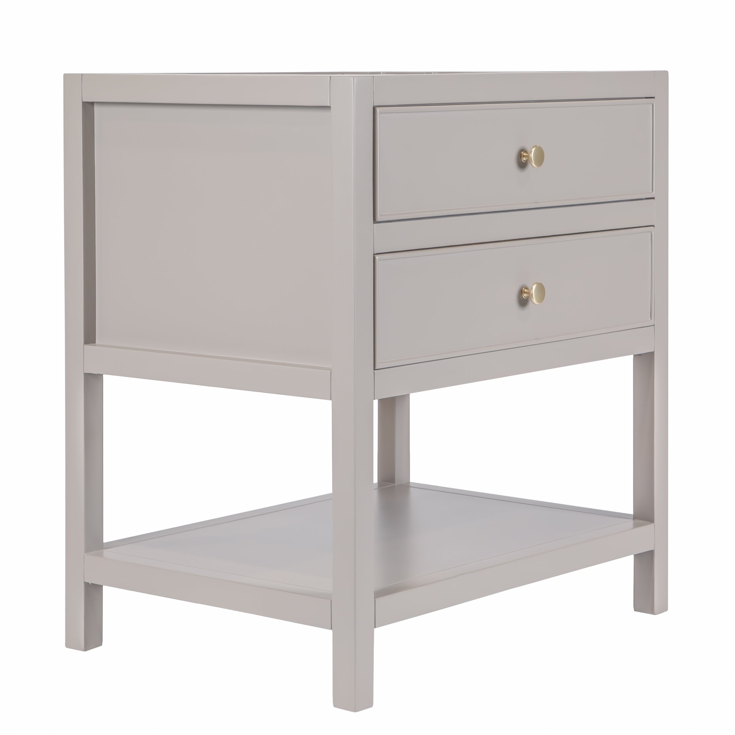 Side view of a taupe wooden side table with two drawers featuring round brass knobs and an open lower shelf