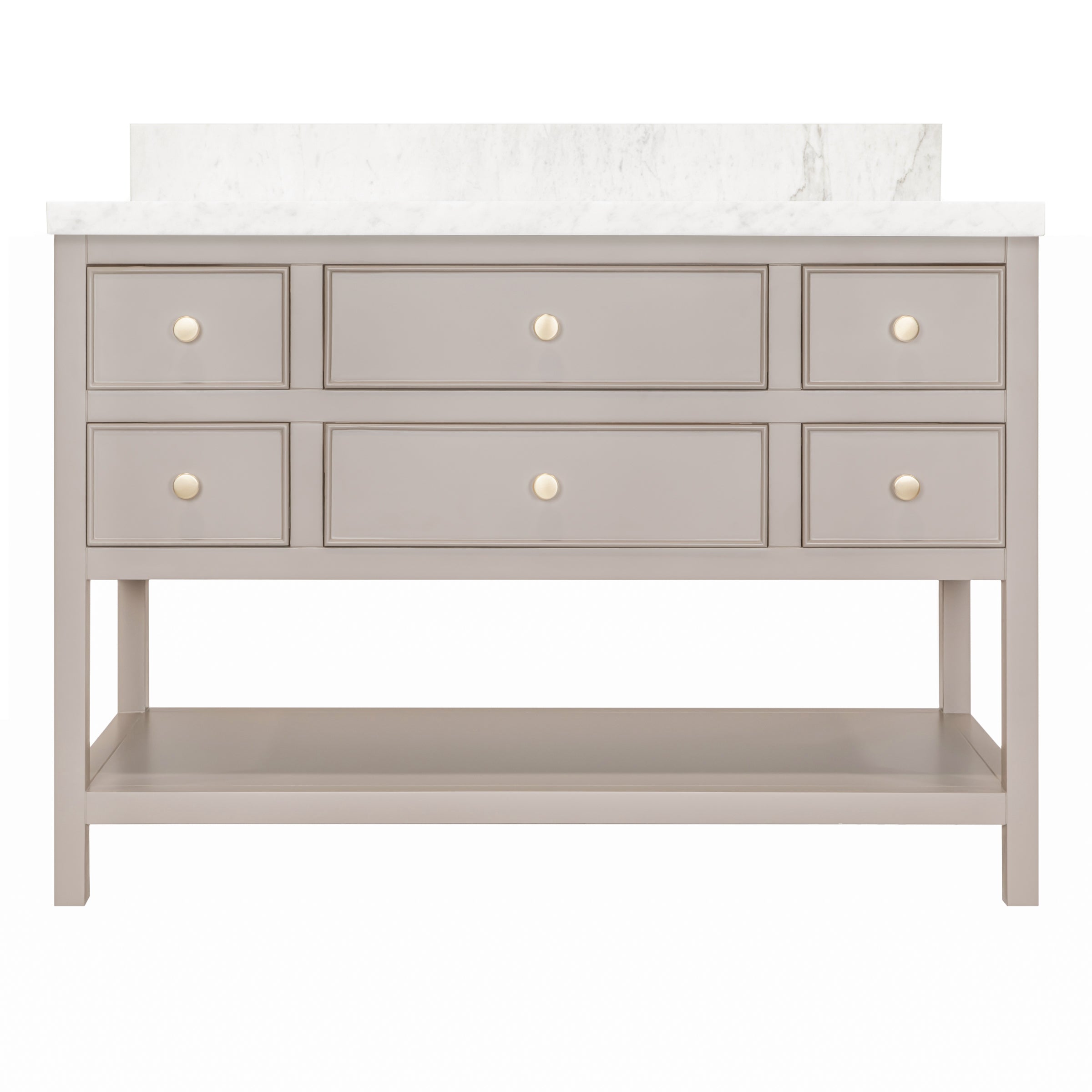 Type 6 Bathroom Vanity in taupe with marble top, open shelf, and round knobs from Bathroom Vanities and New Arrivals collections