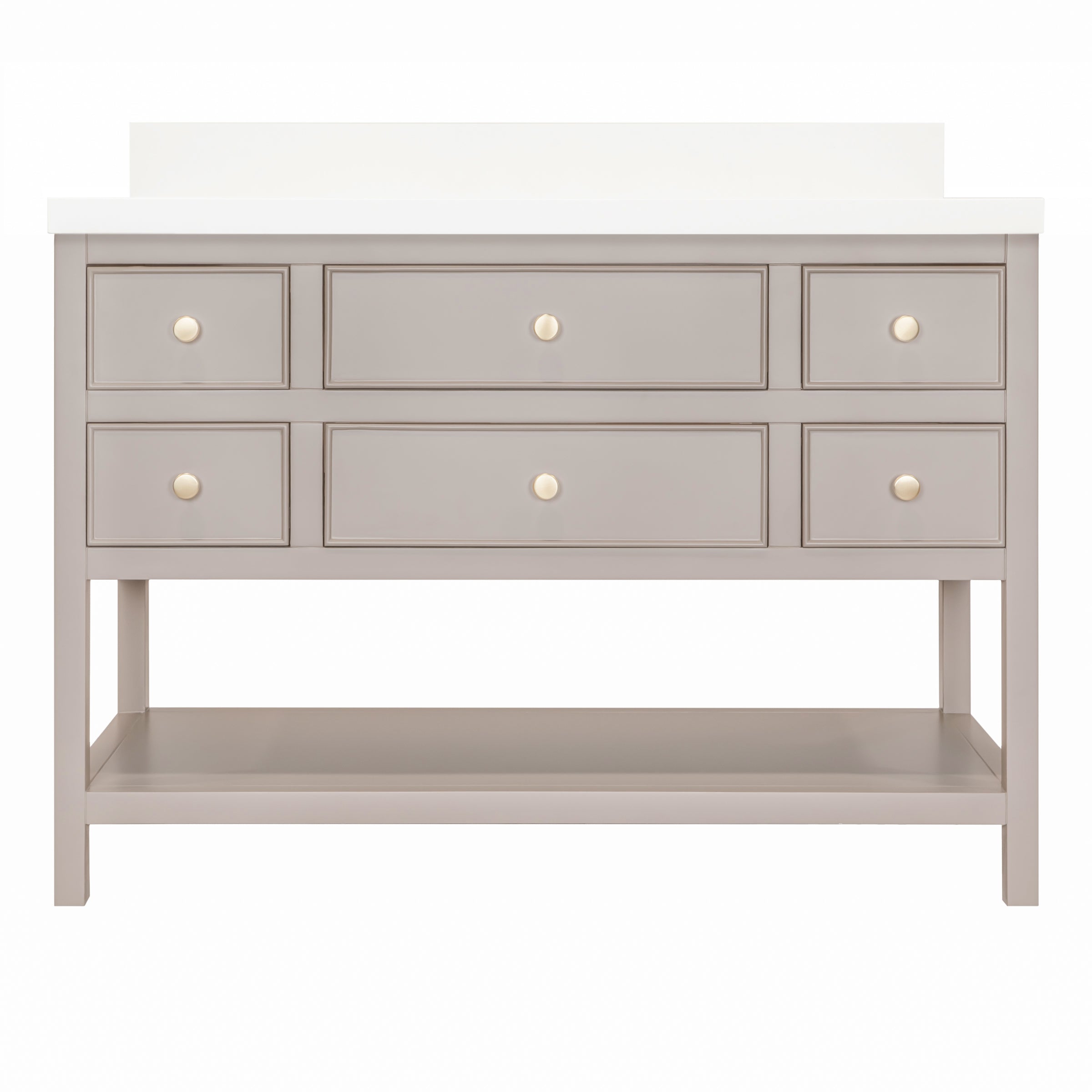 Type 6 Bathroom Vanity in taupe with six drawers, open lower shelf, and quartz countertop from Bathroom Vanities collection