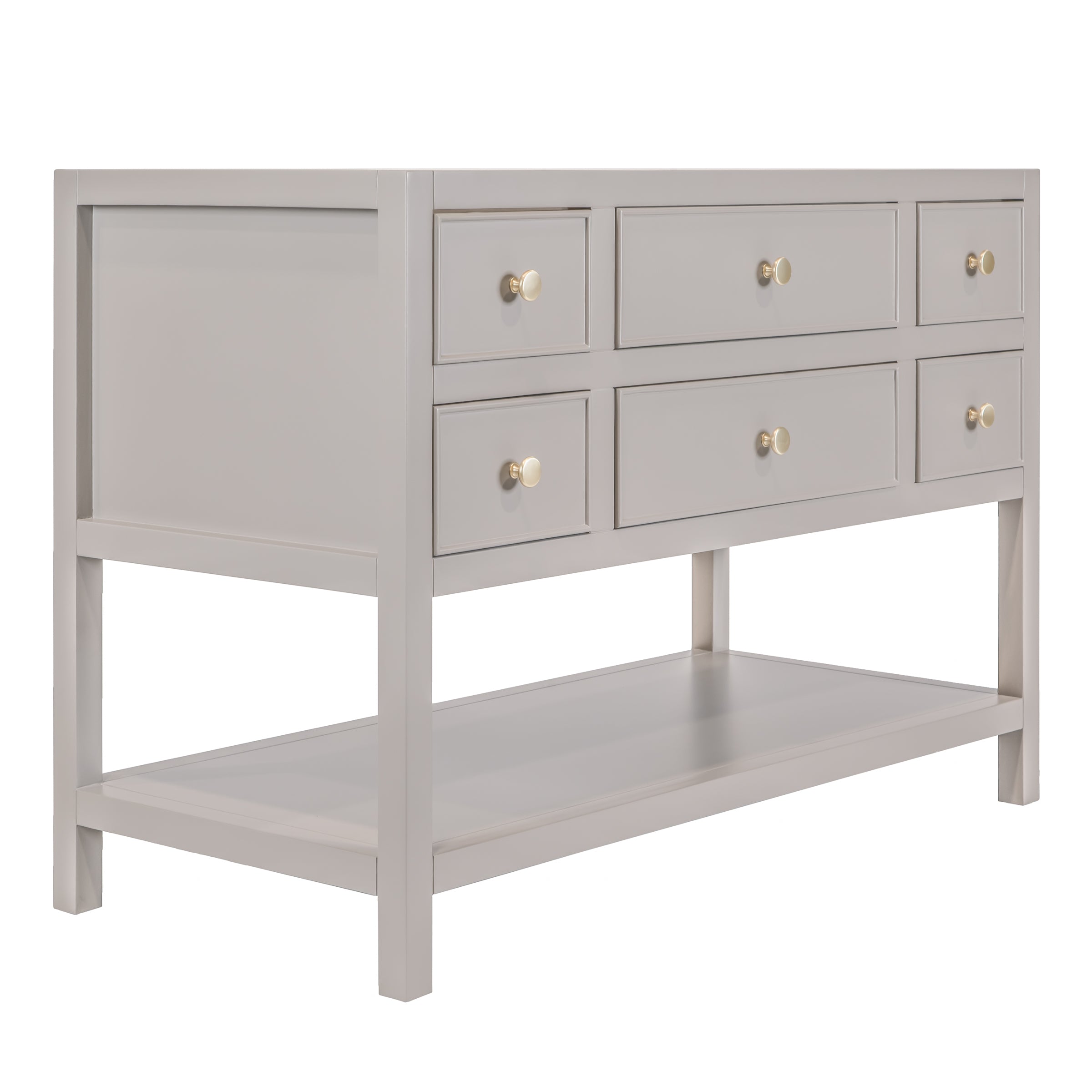 Angled view of a taupe wooden vanity featuring six drawers with round brass knobs and an open lower shelf for storage