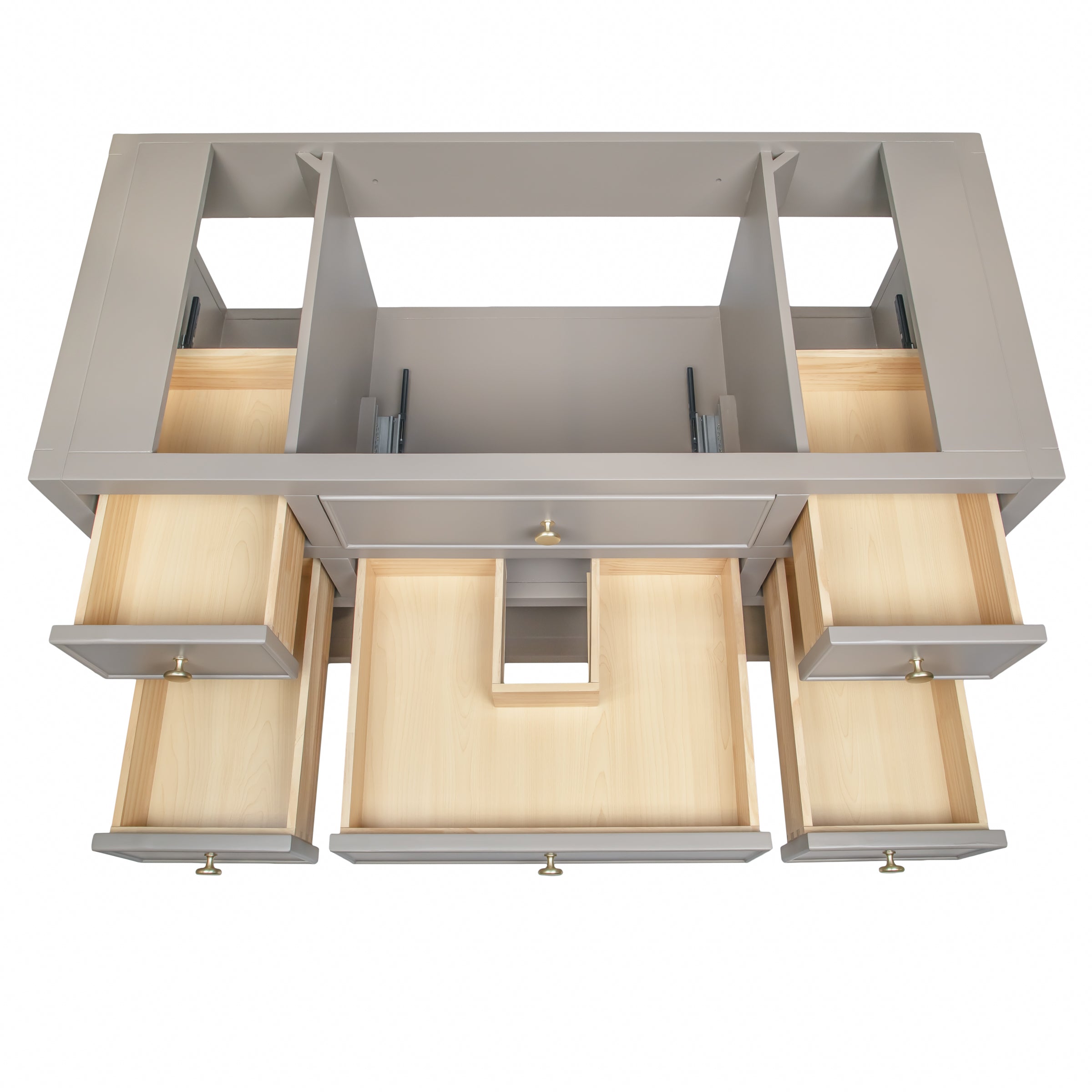 Top-down view of a taupe vanity frame with multiple open drawers and a cutout section in the center for plumbing access