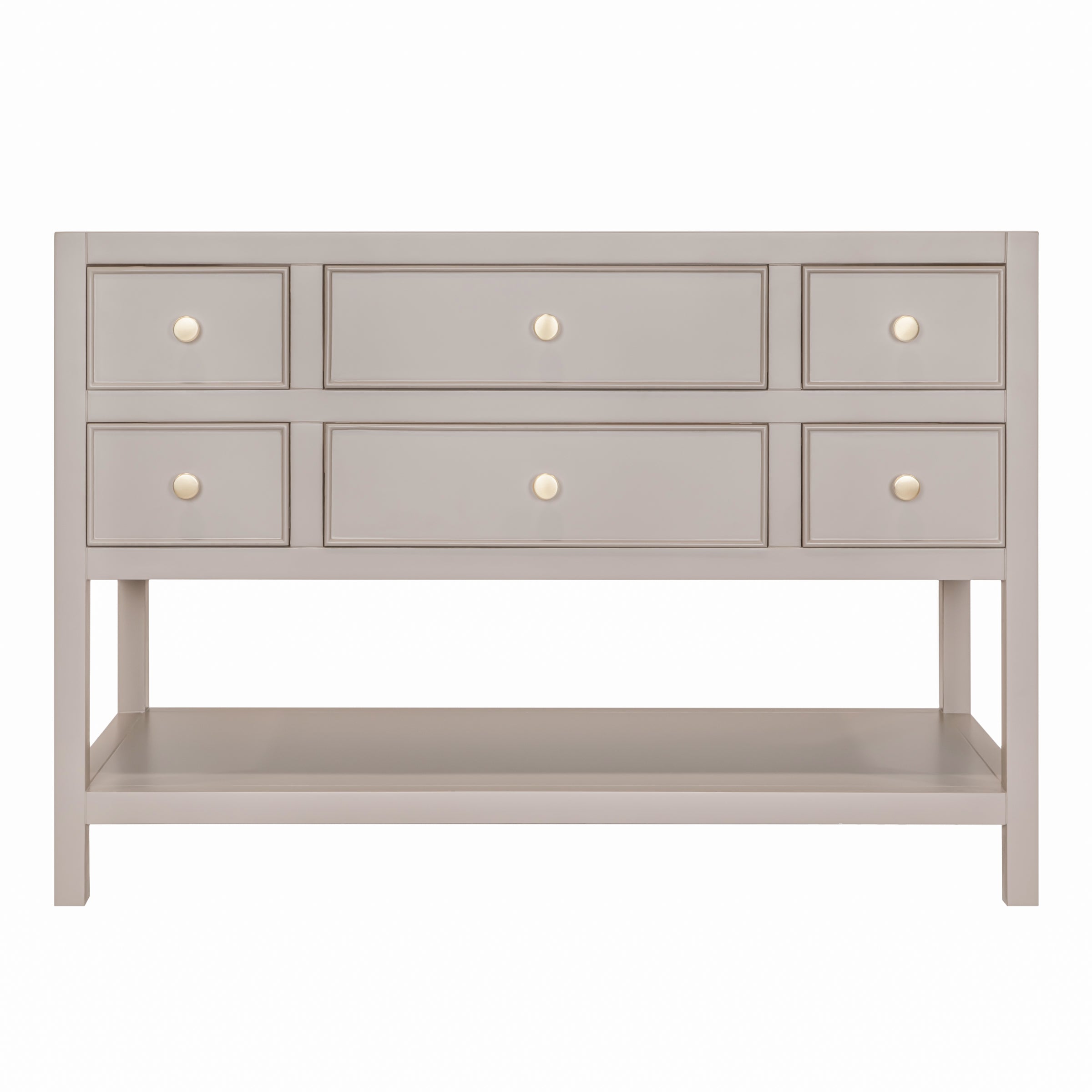 Type 6 Bathroom Vanity in taupe with round knobs, open lower shelf, and leg-mounted frame, globally sourced design.