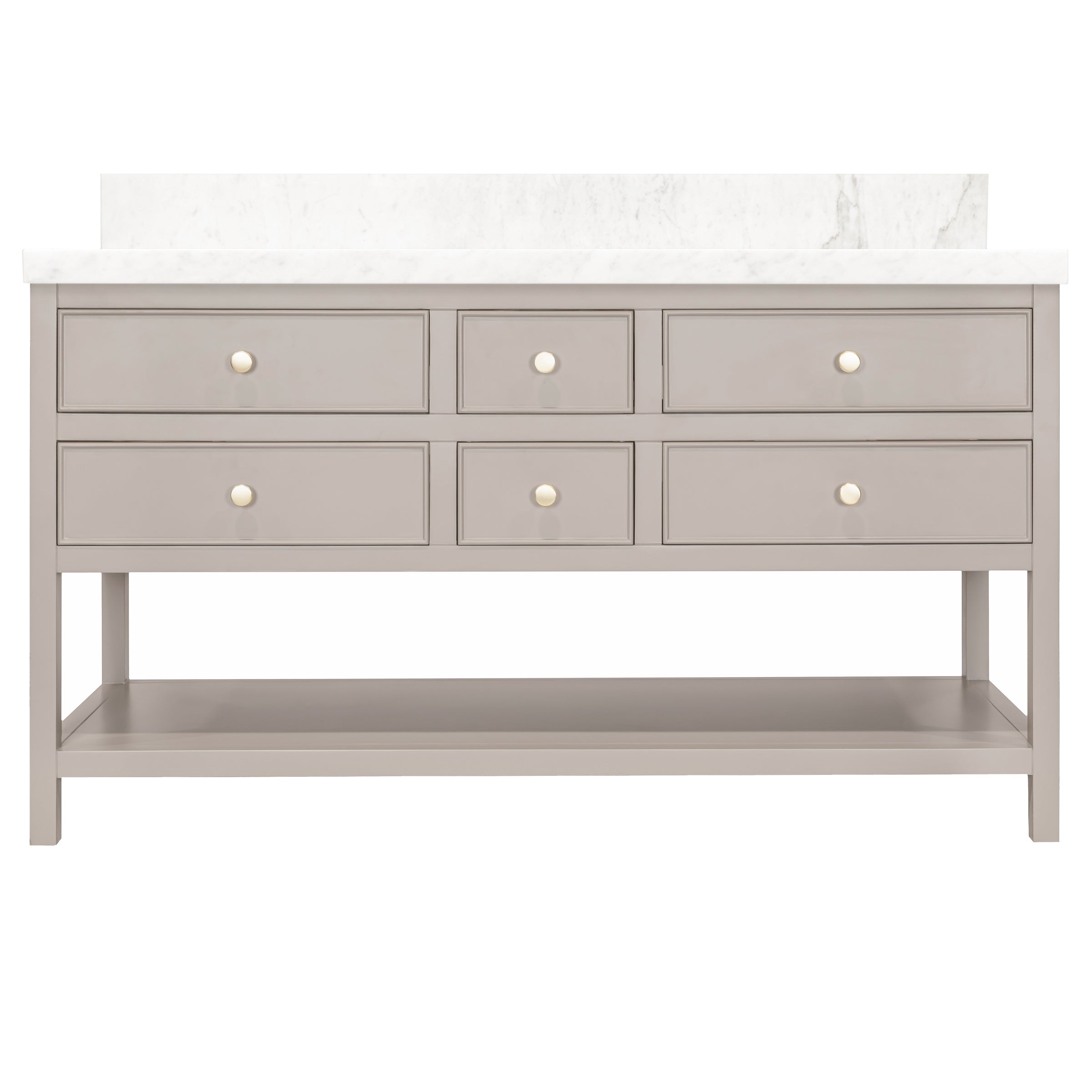 Type 6 Bathroom Vanity in taupe with marble top, featuring six drawers and an open lower shelf, from Reno Source collections.