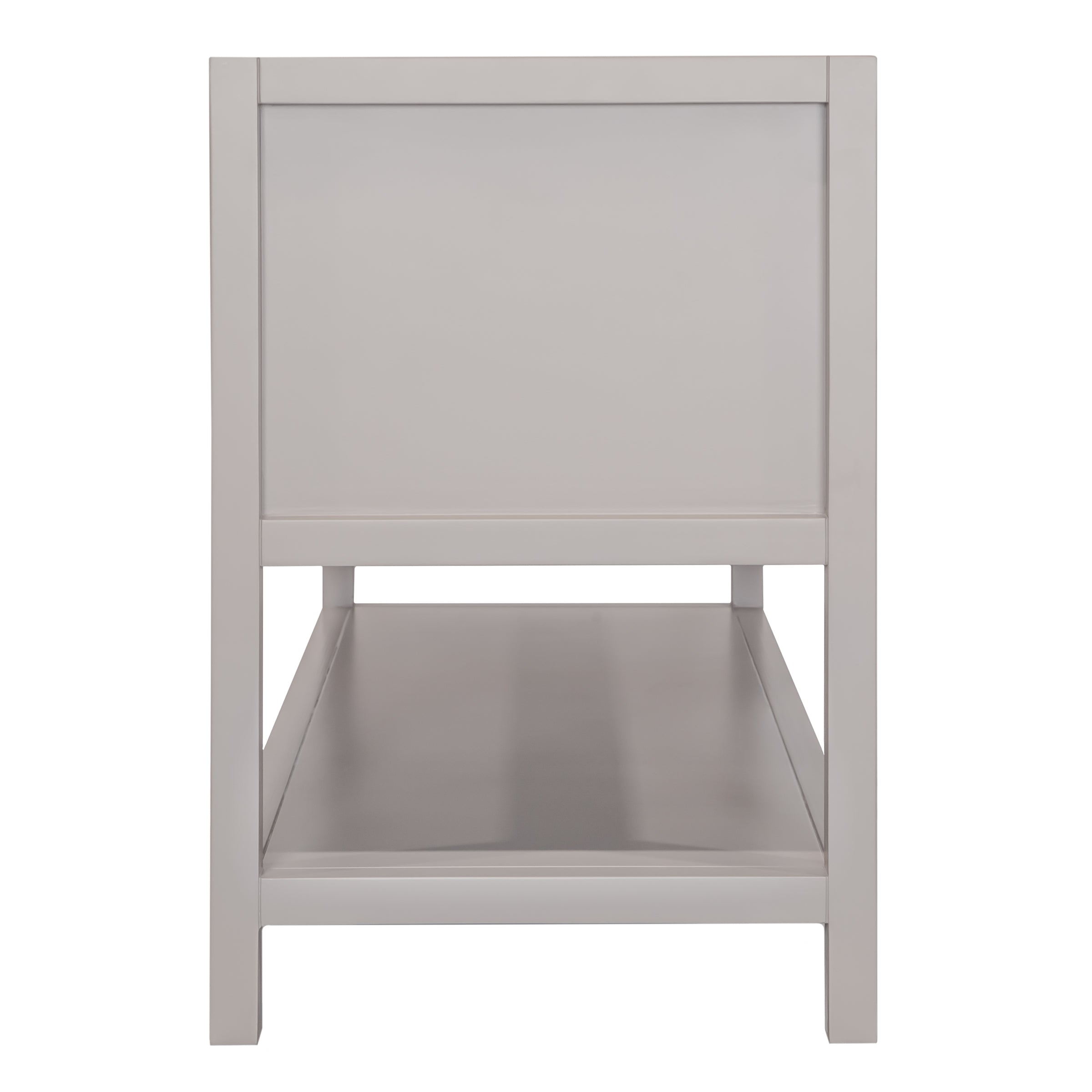 Straight view of a taupe wooden furniture piece with an open lower shelf and smooth panel detailing on the side