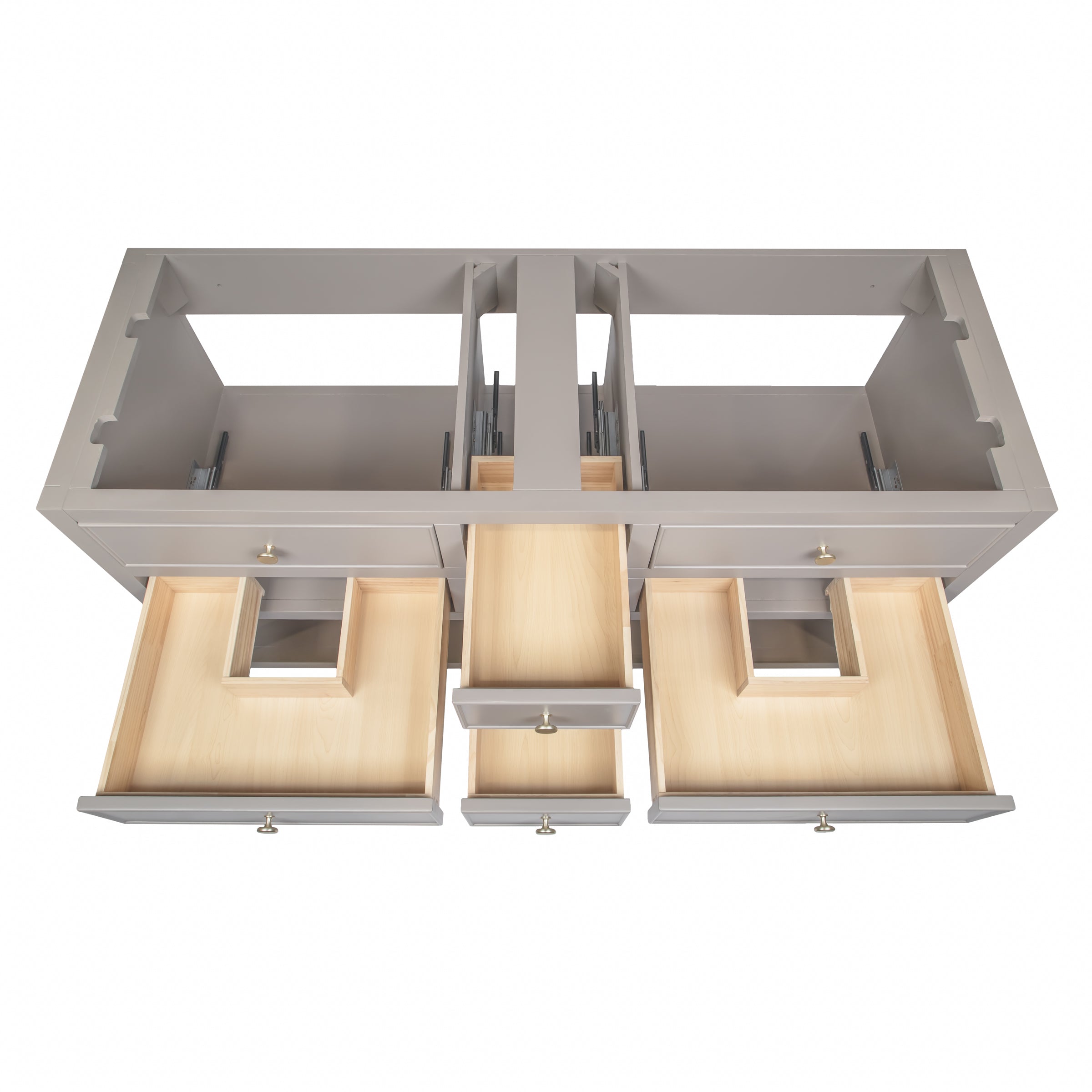 Overhead view of a taupe wooden vanity frame with open drawers and cutouts for plumbing access in the lower compartments