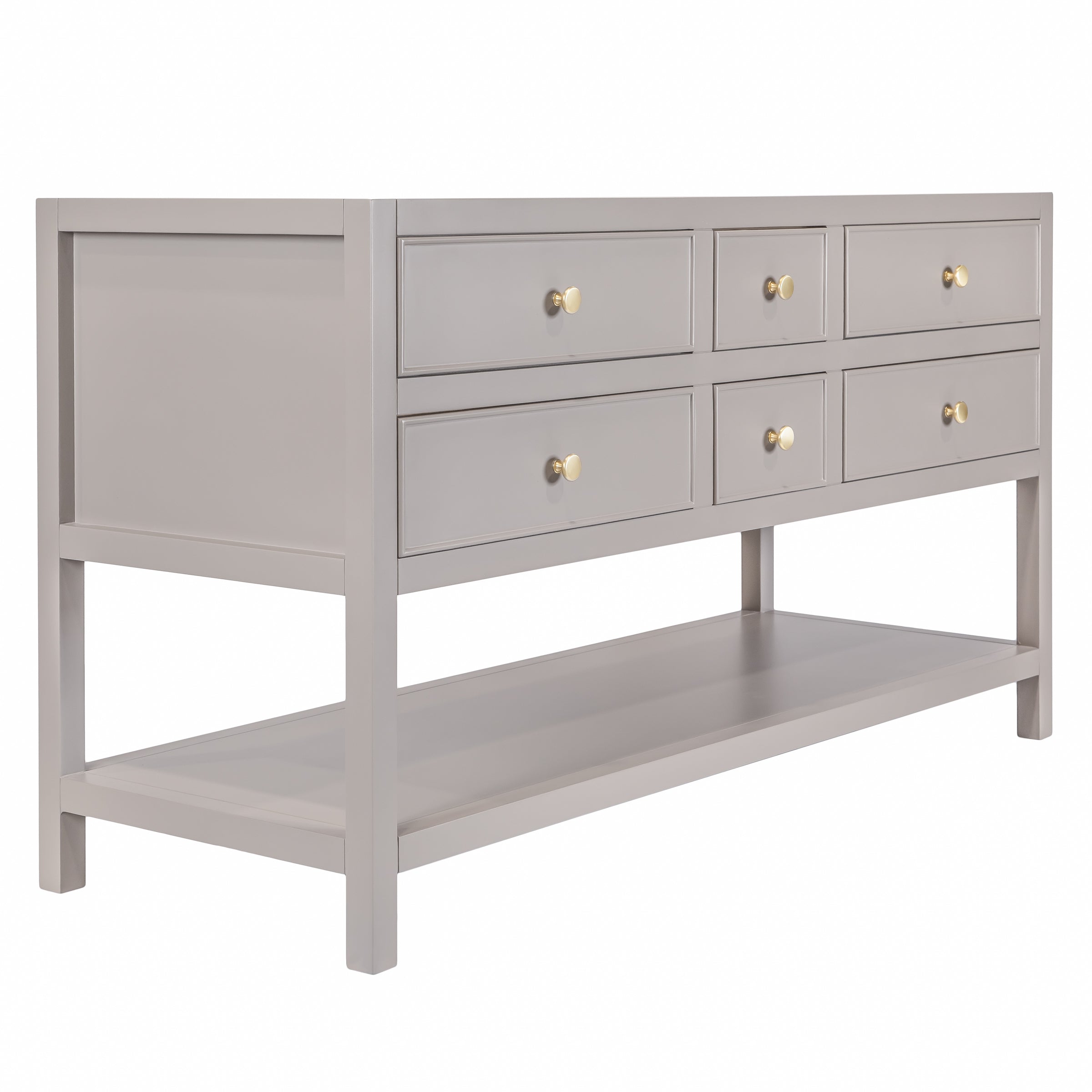 Three-quarter view of a taupe wooden vanity with six drawers featuring round brass knobs and a lower open shelf