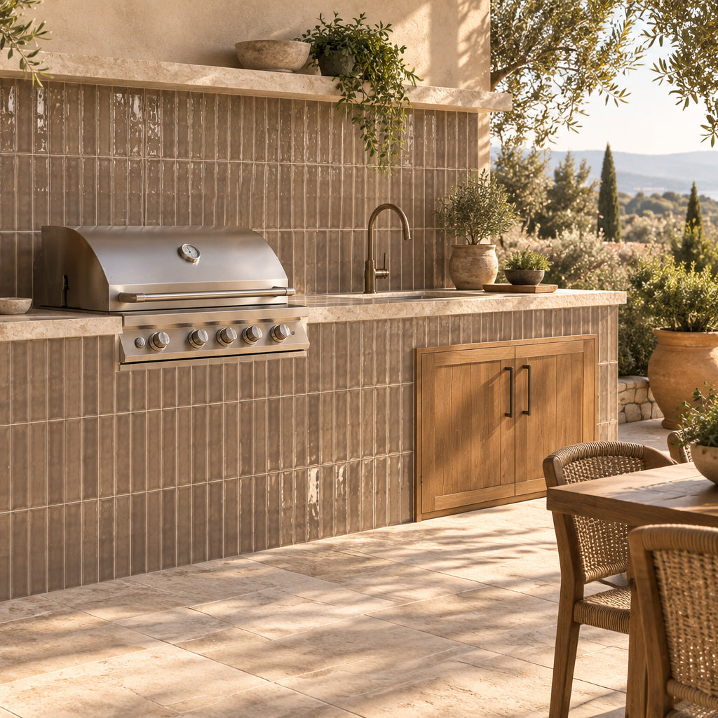 Outdoor kitchen with brown vertical tiles, stainless steel grill, wood cabinet, and sunny countryside view