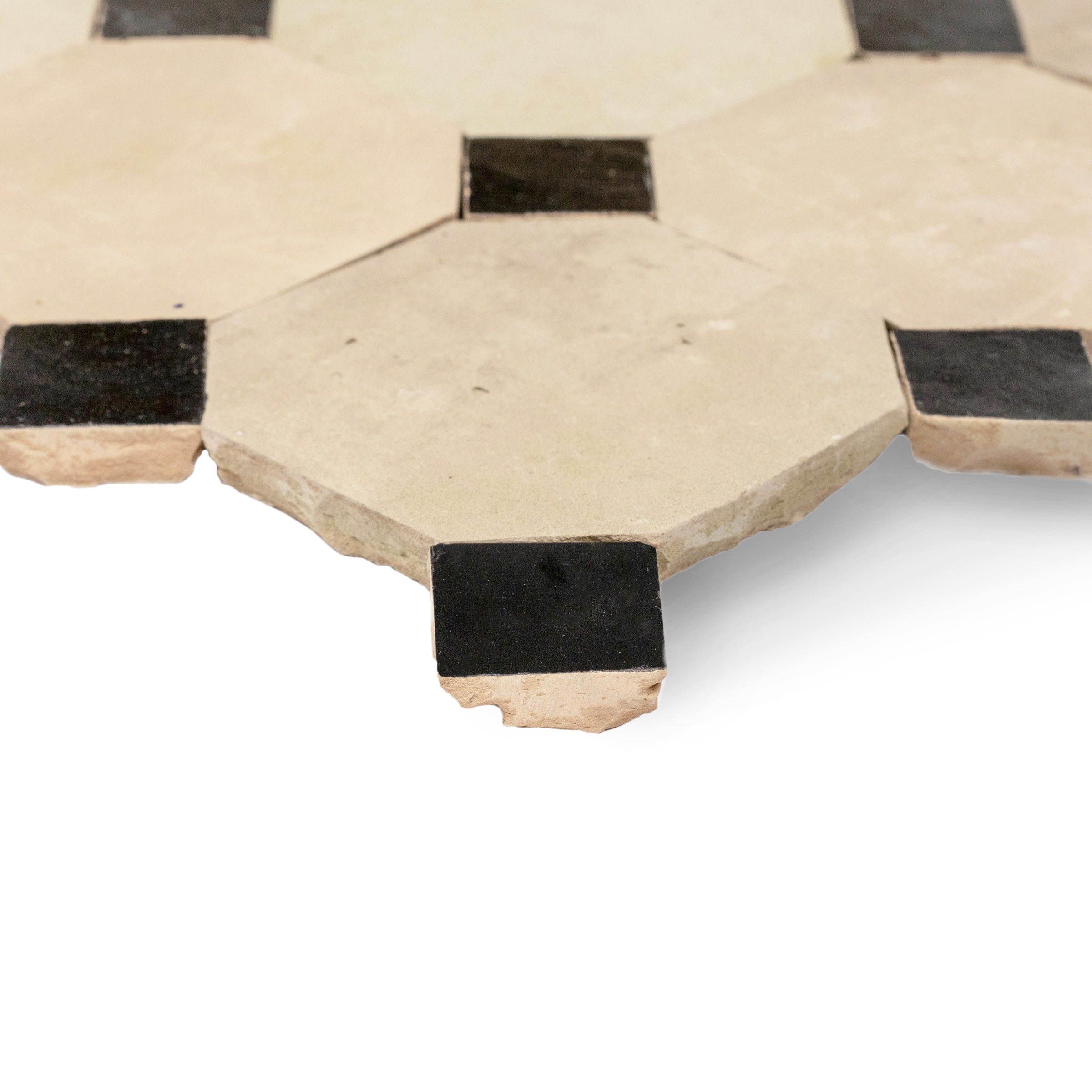 Unglazed & Black Octagon Zellige Mosaic ceramic tile in beige and black from Handmade Moroccan Zellige Tiles collection, New Arrivals, GREY.