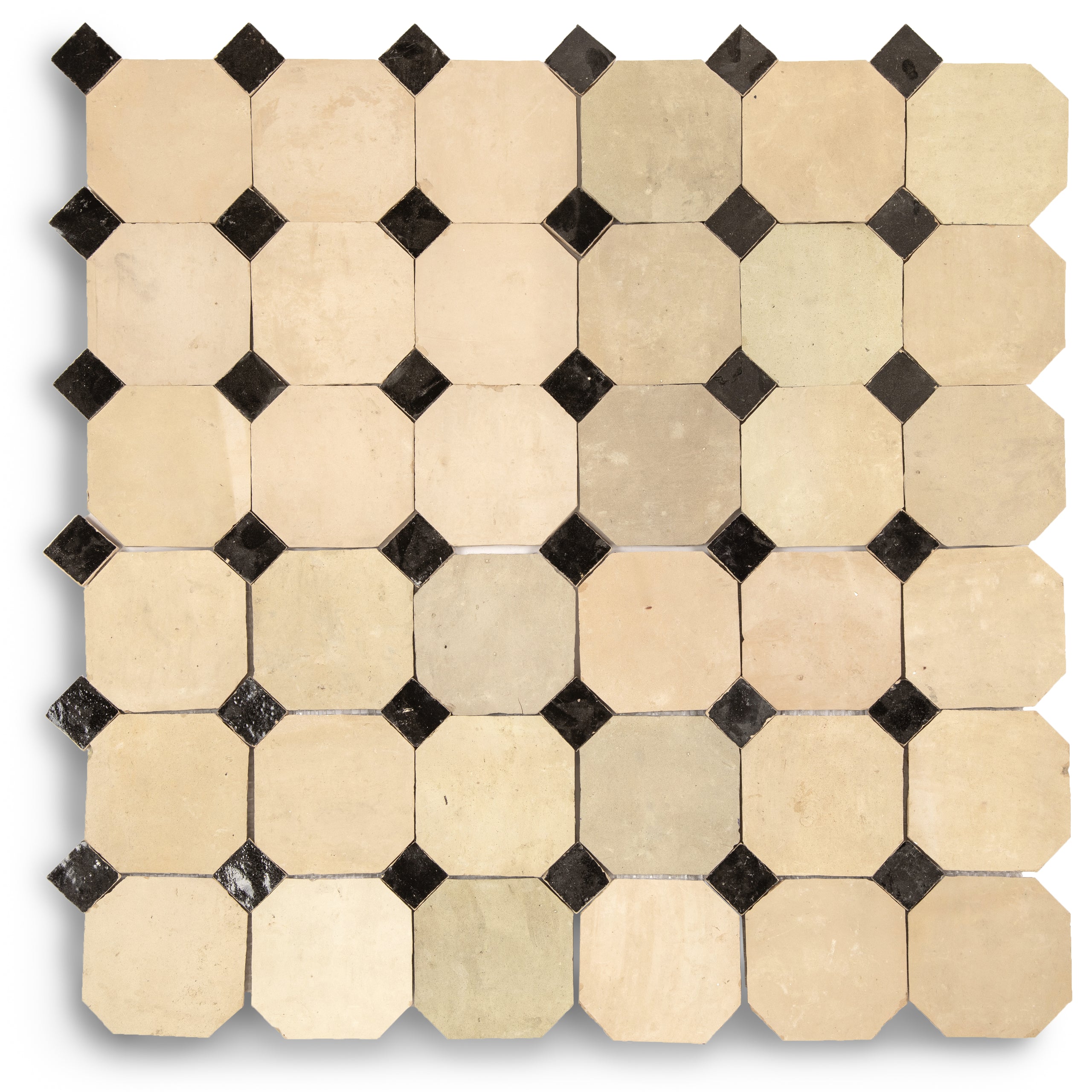 Unglazed & Black Octagon Zellige Mosaic ceramic tile in beige and black tones from Handmade Moroccan Zellige Tiles collection.