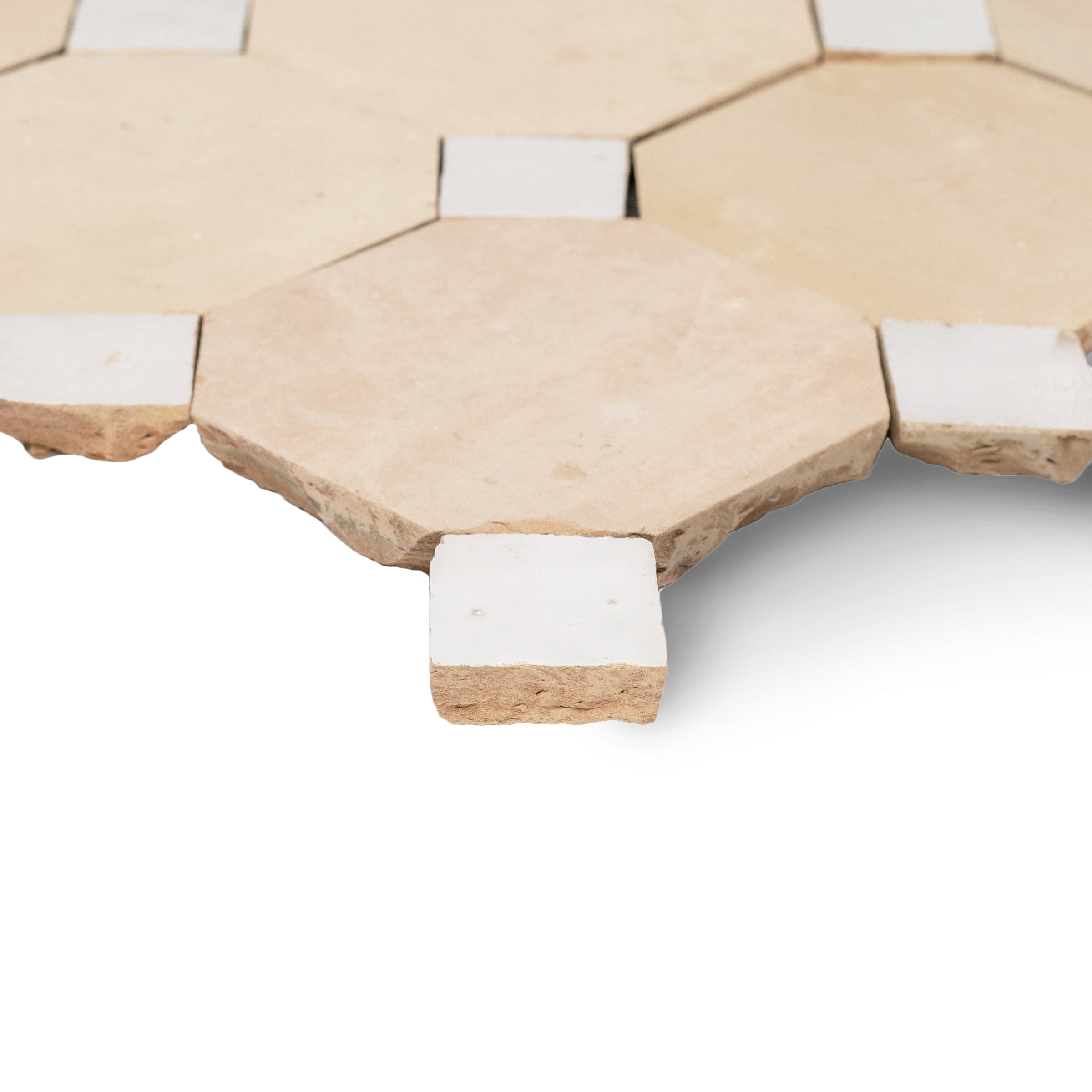Unglazed & White Octagon Zellige Mosaic with beige terracotta octagons and white dots from Handmade Moroccan Zellige Tiles collection