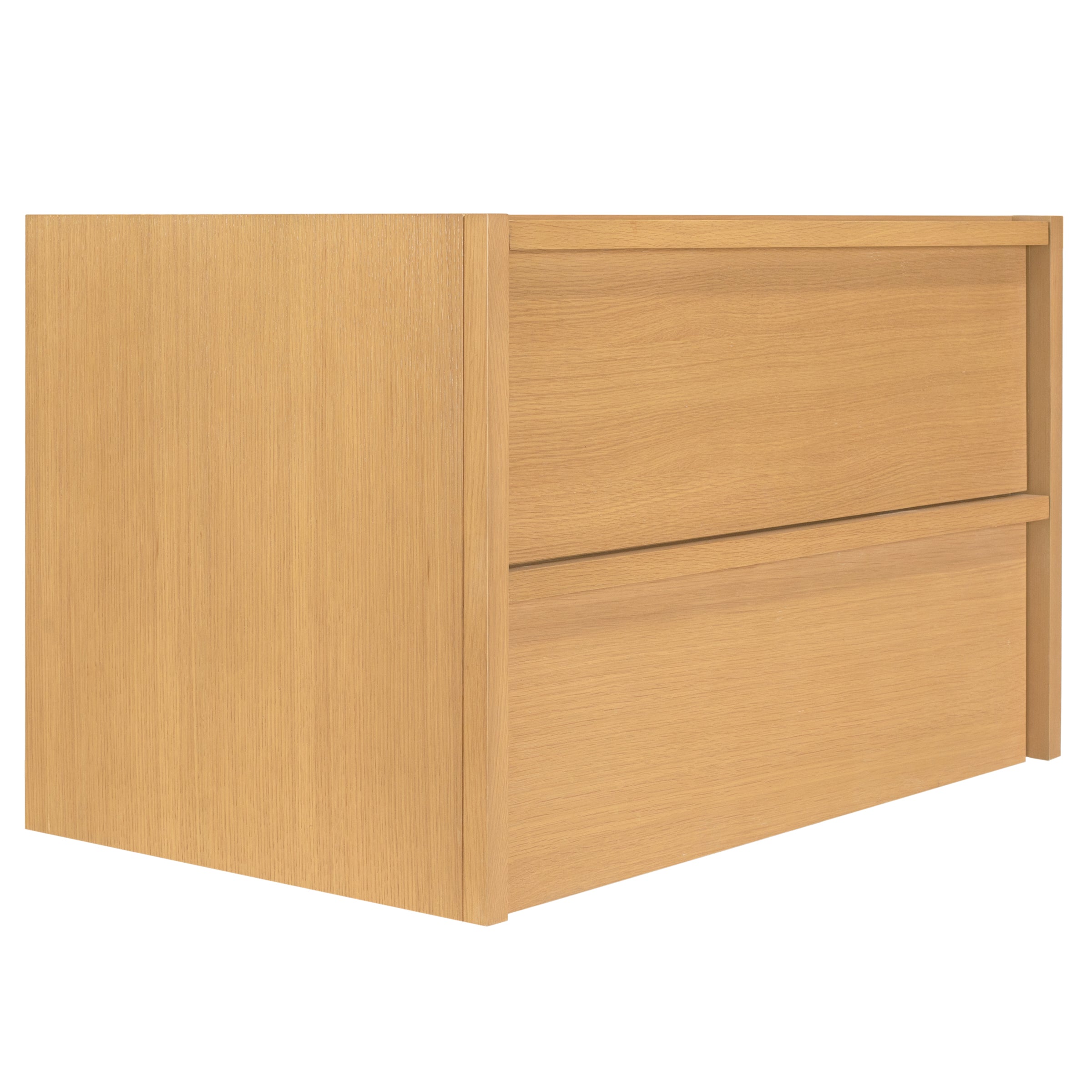 Simple light oak wood vanity cabinet with two horizontal drawers and a clean modern design