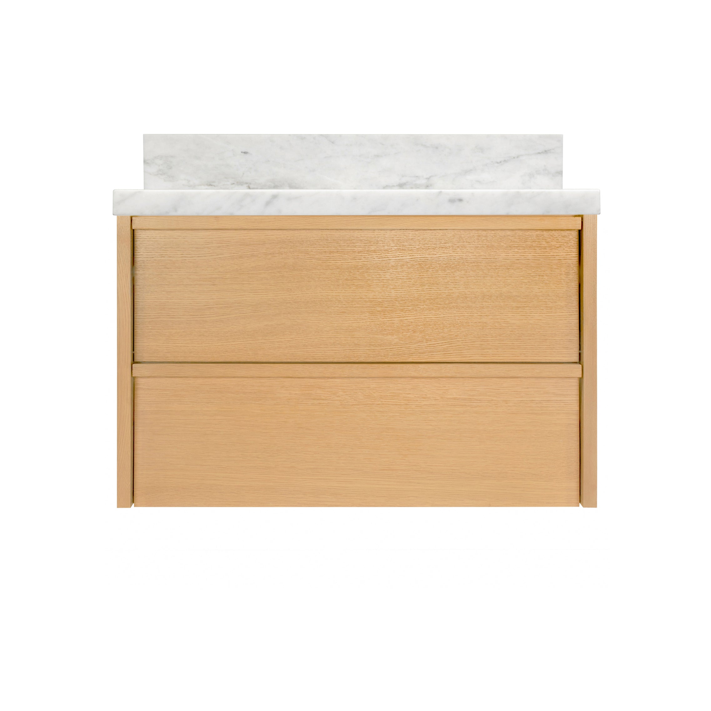 The Dune Bathroom Vanity in beige and brown with two smooth drawer fronts and white marble-look countertop from New Arrivals collection