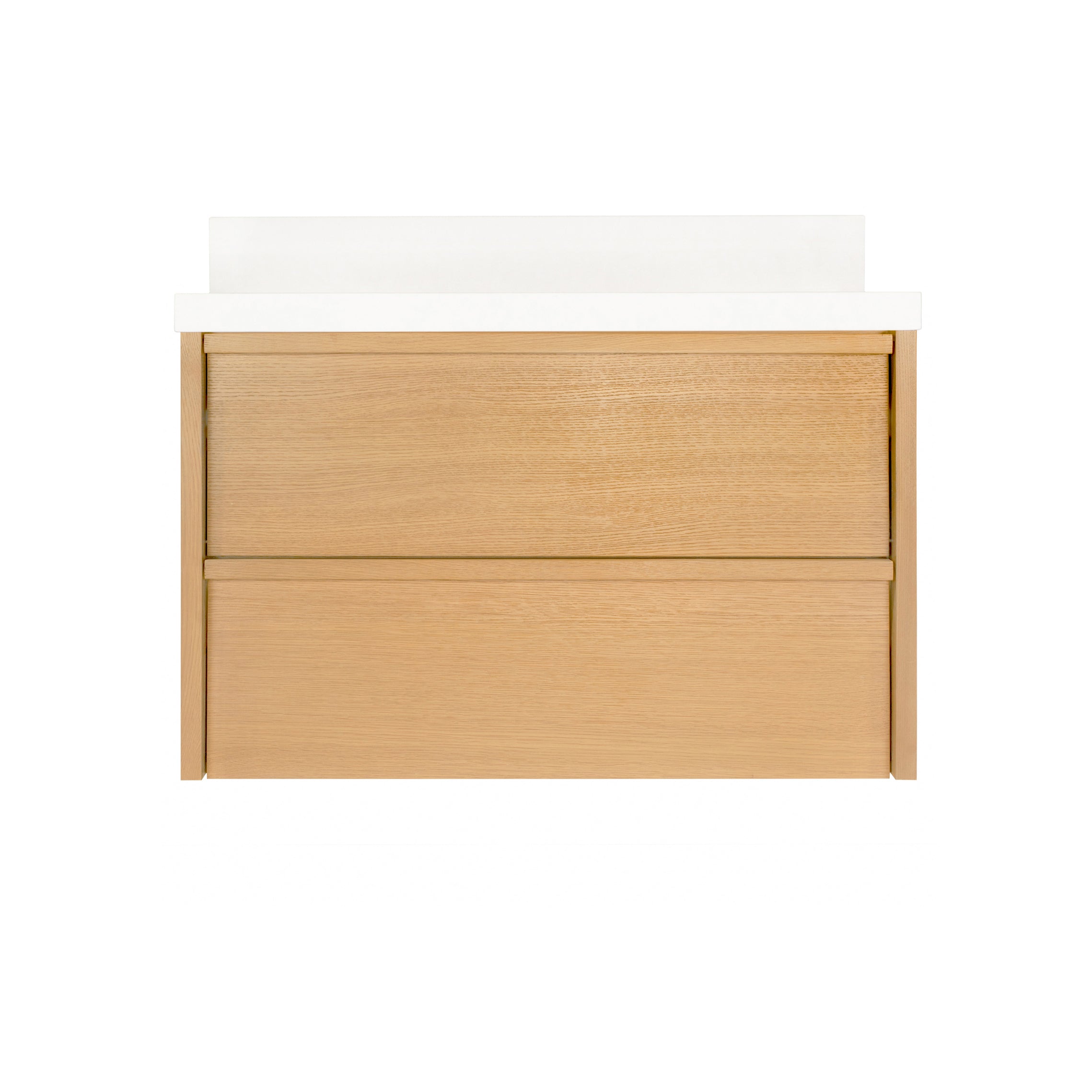 The Dune Bathroom Vanity in beige and brown with two flush drawer fronts and white countertop from New Arrivals collection