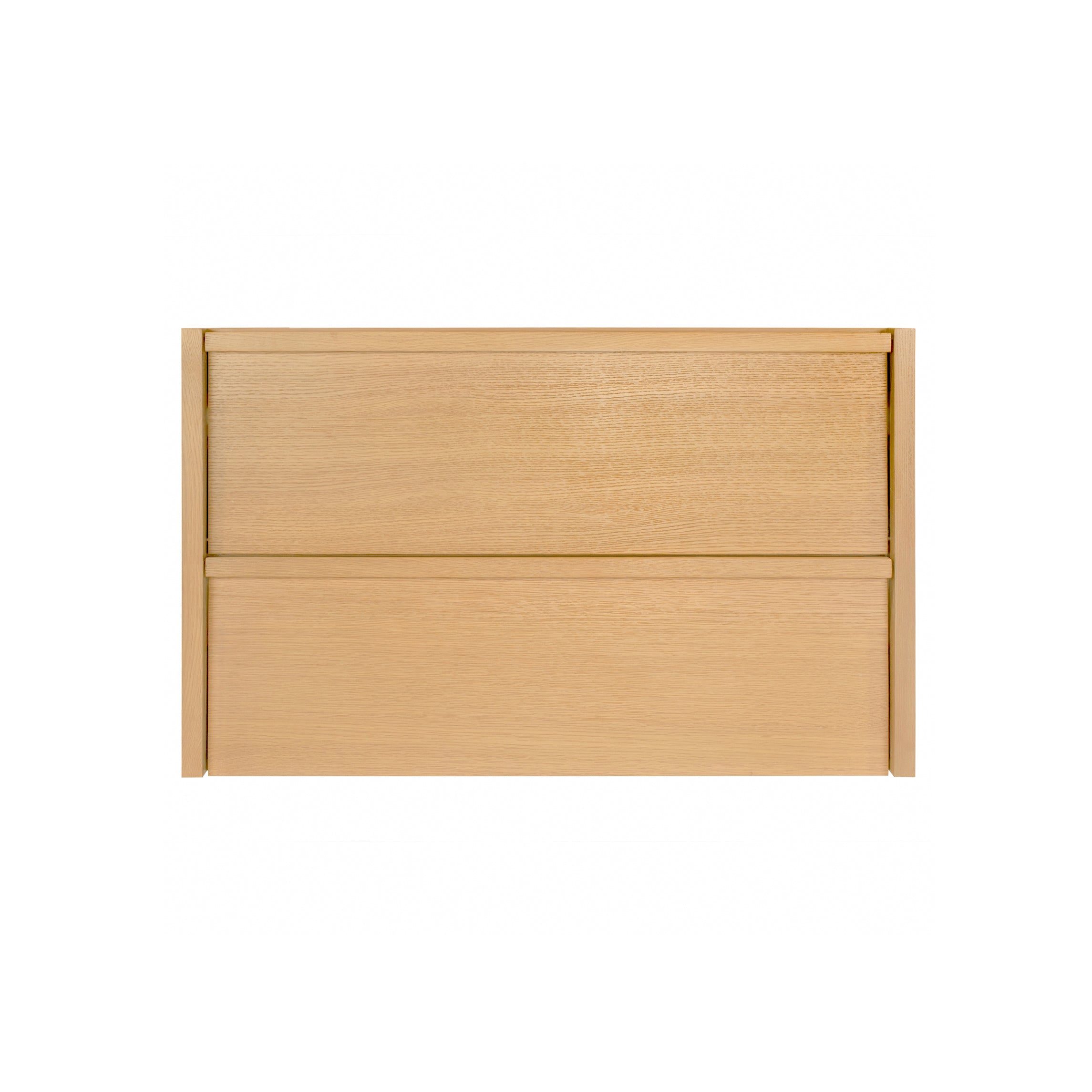 The Dune Bathroom Vanity in beige and brown with two flush drawer fronts and integrated pulls from New Arrivals collection