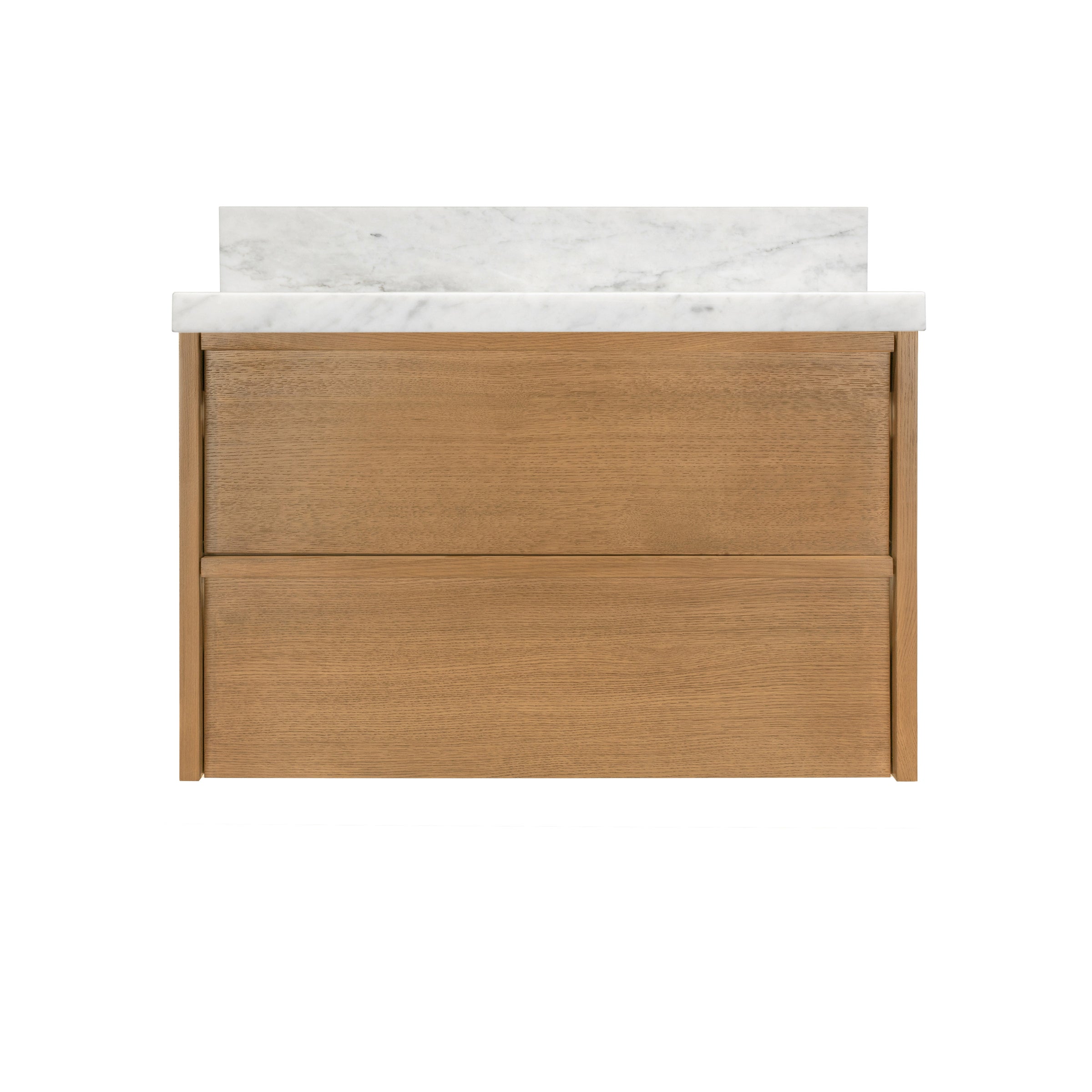 The Dune Bathroom Vanity in beige and brown with two smooth flush drawers and white marble-look countertop from New Arrivals