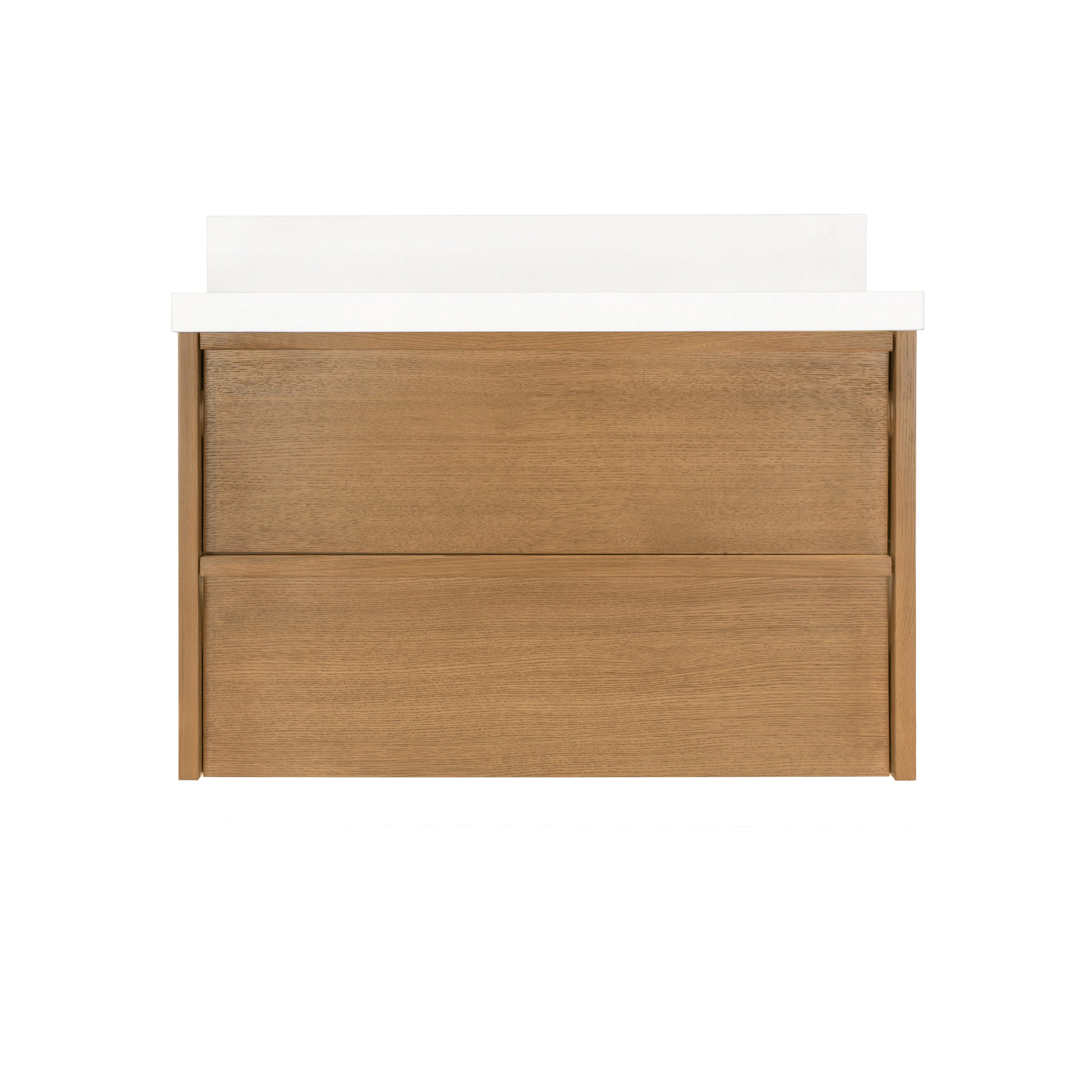 The Dune Bathroom Vanity in beige and brown wall-mounted with two flush drawers and white countertop from New Arrivals collection