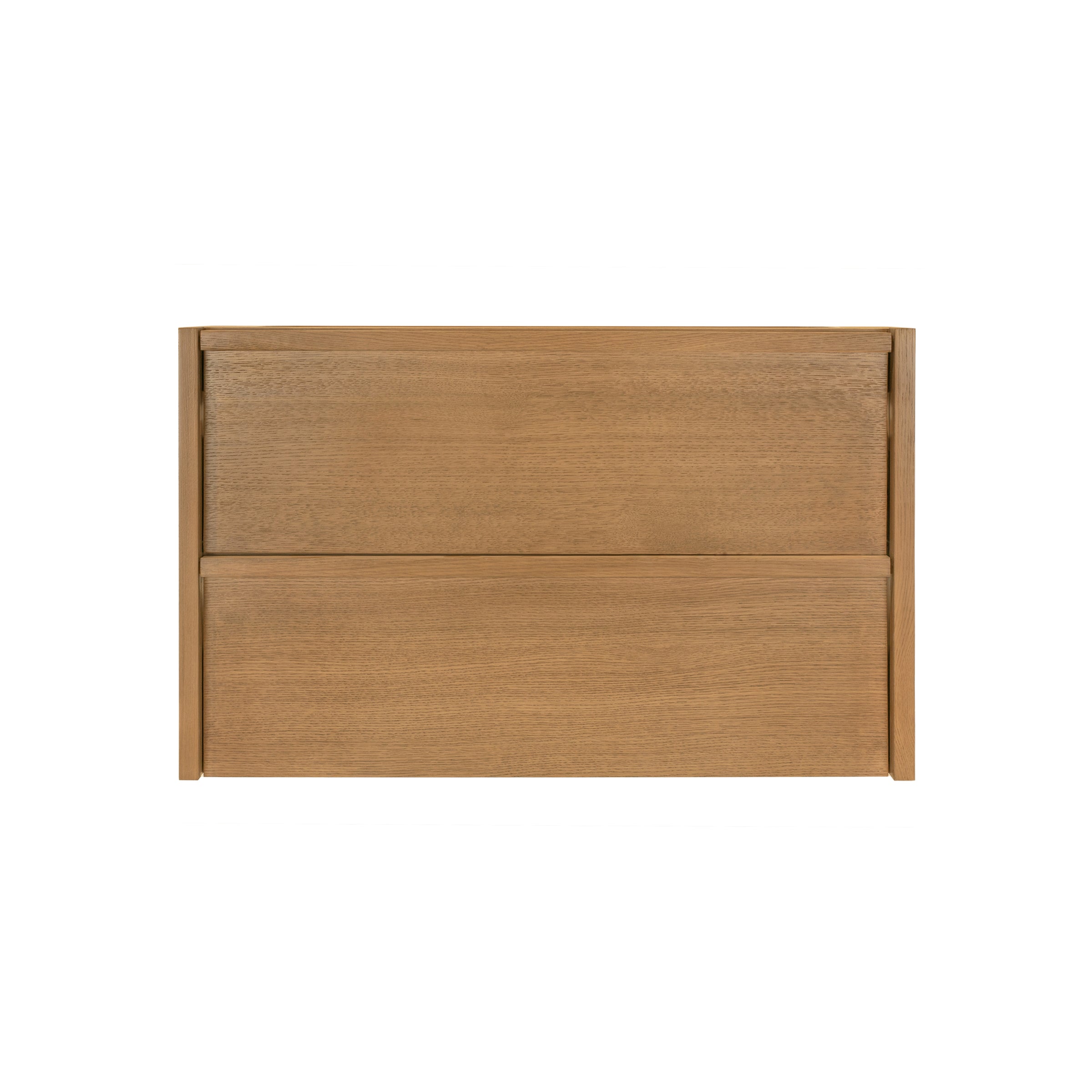 The Dune Bathroom Vanity in beige and brown with two flush drawers and integrated pulls from New Arrivals collection