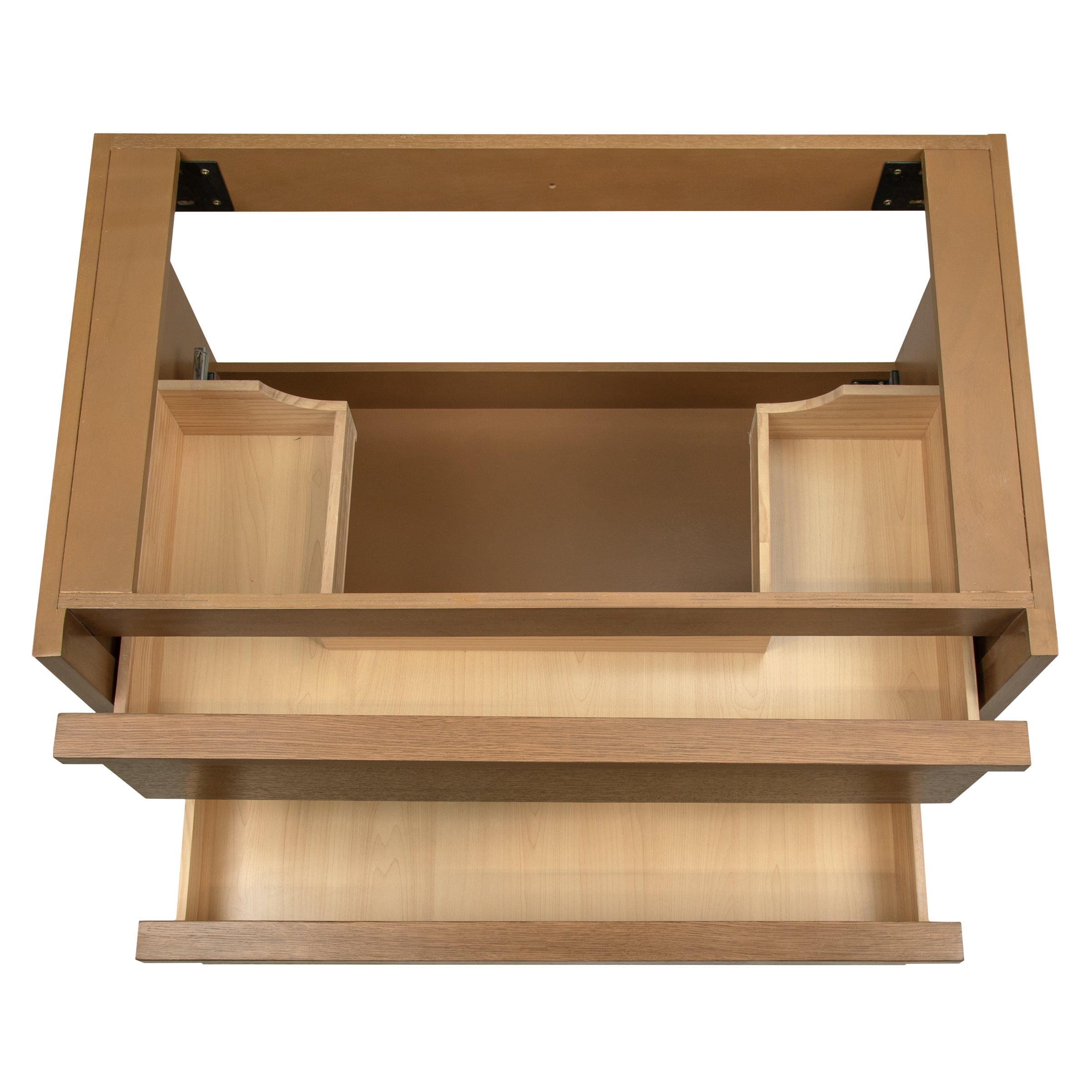 Top-down view of a light oak wooden vanity frame with open central space and drawer compartments below