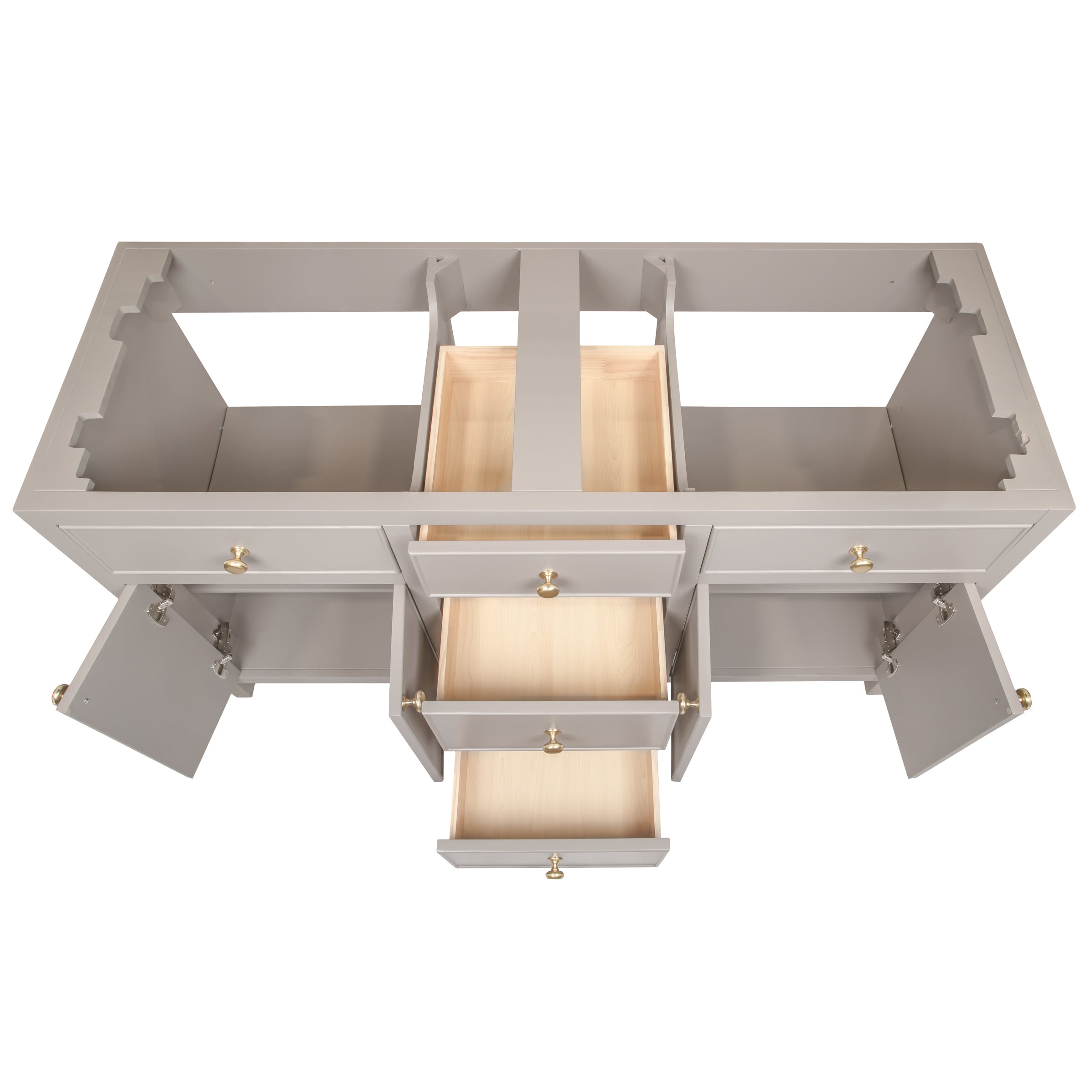 Taupe-gray vanity frame with three center drawers and two open cabinets on each side featuring brass knob hardware