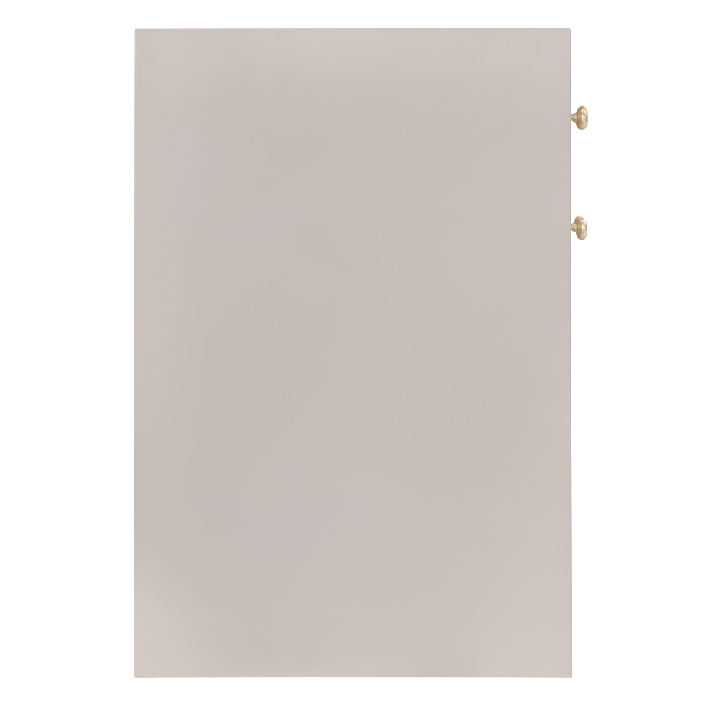 Smooth taupe cabinet door panel with two small round brass knobs on the side for subtle hardware detail