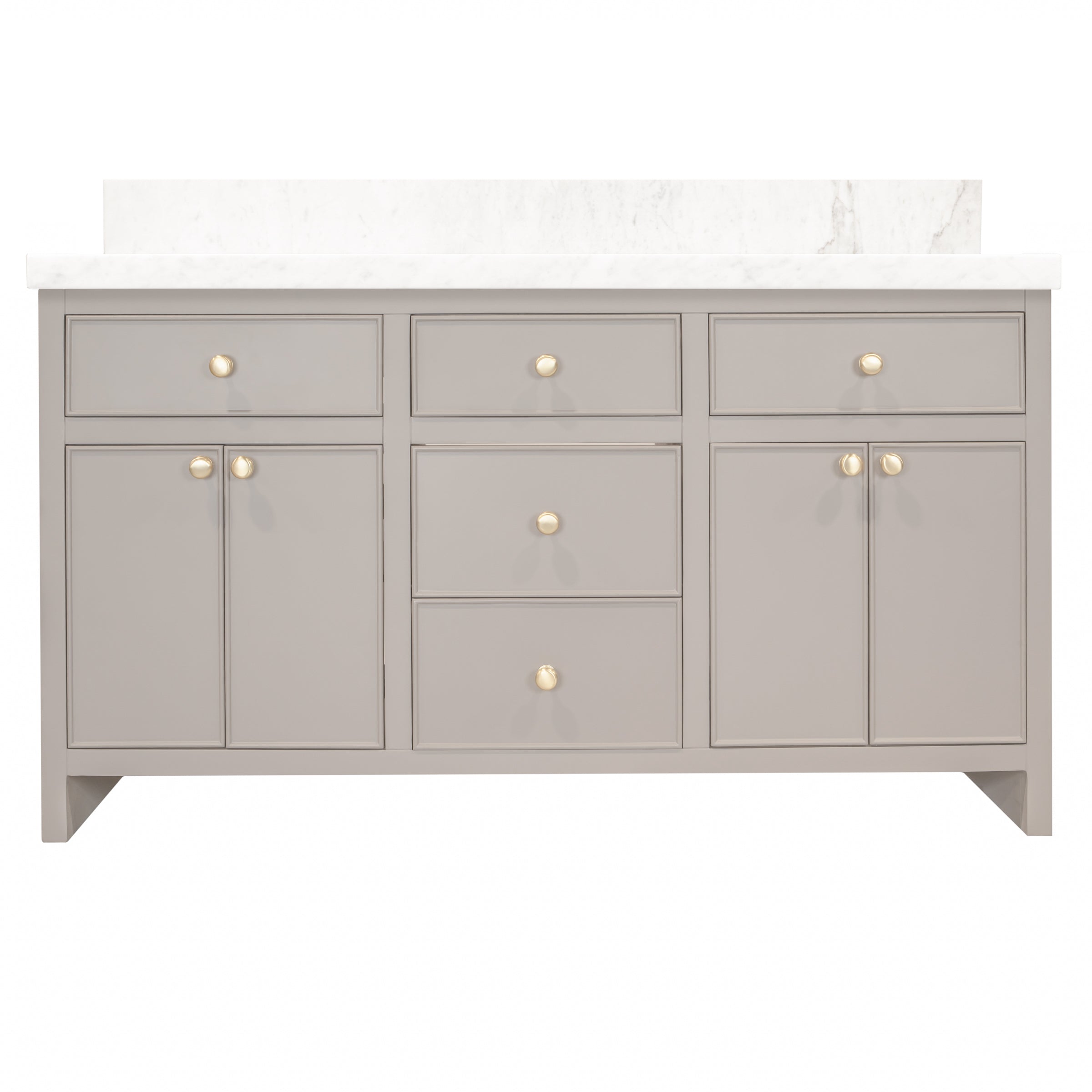 The Harlow Bathroom Vanity in gray and beige with inset doors, round knobs, leg-mounted design, and quartz top from Bathroom Vanities collection