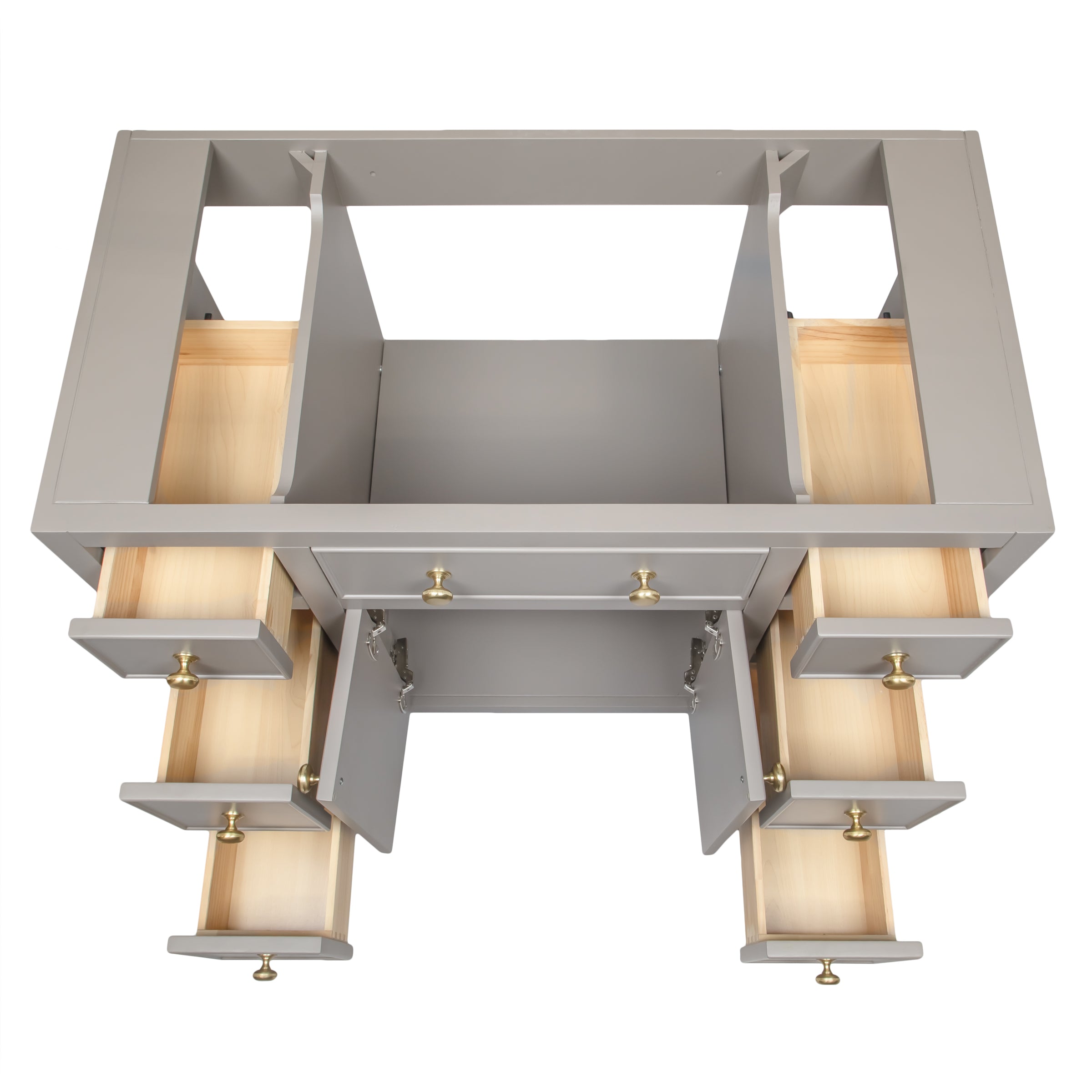 Gray bathroom vanity with six drawers and two cabinet doors, shown from above with drawers open