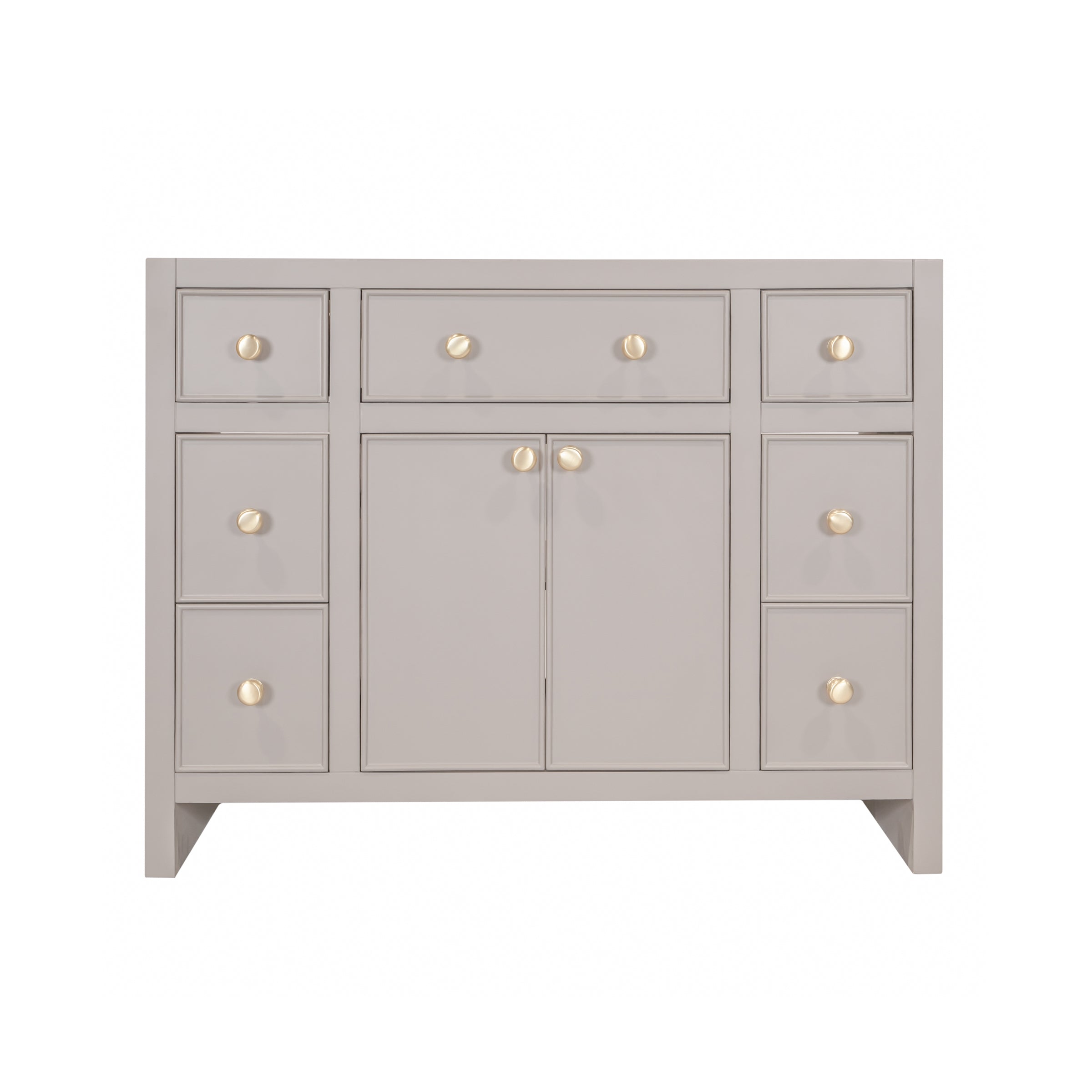 The Harlow Bathroom Vanity in gray and beige with inset doors, round knobs, and leg-mounted style from Bathroom Vanities collection