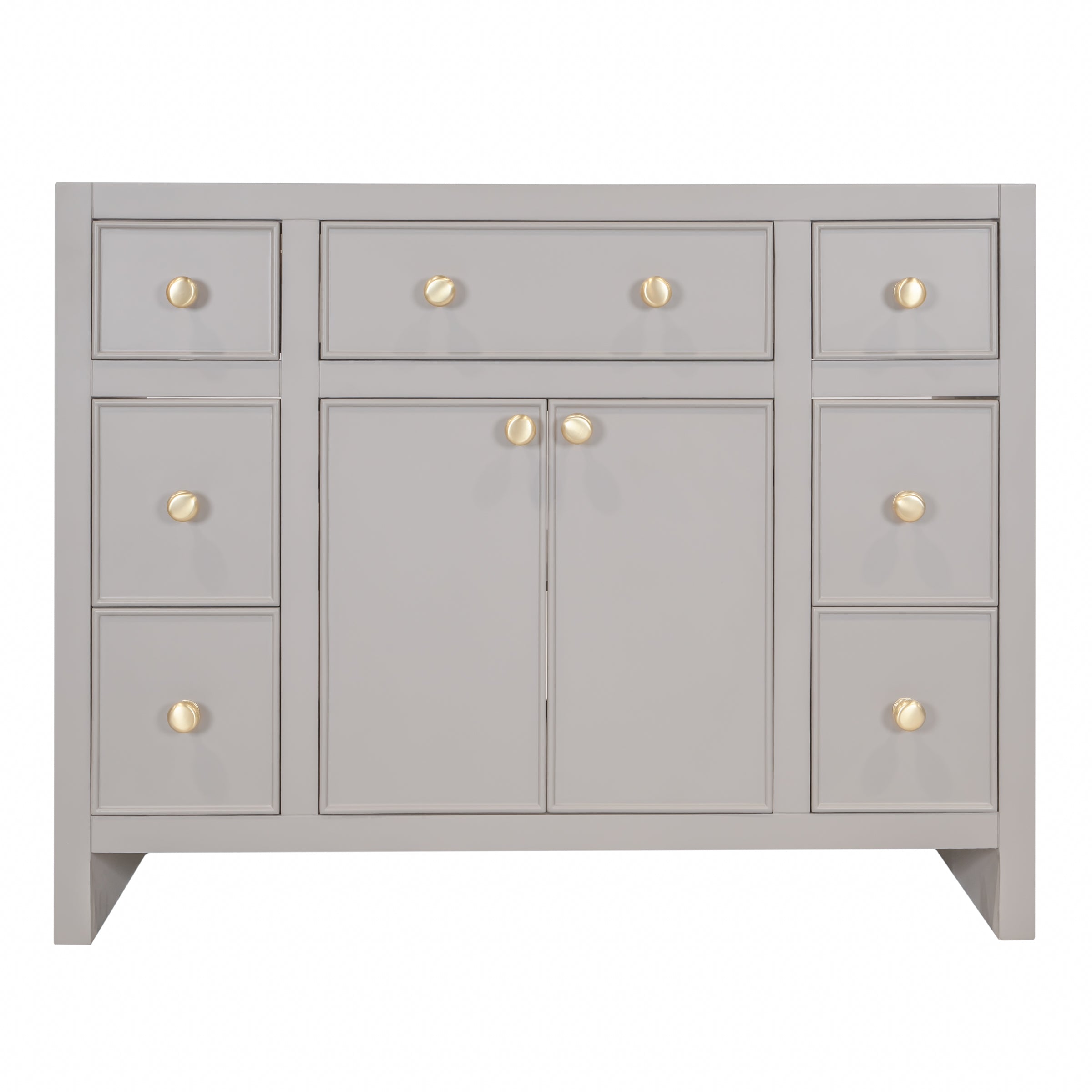 Gray wooden bathroom vanity with six drawers and two cabinet doors with round brass knobs