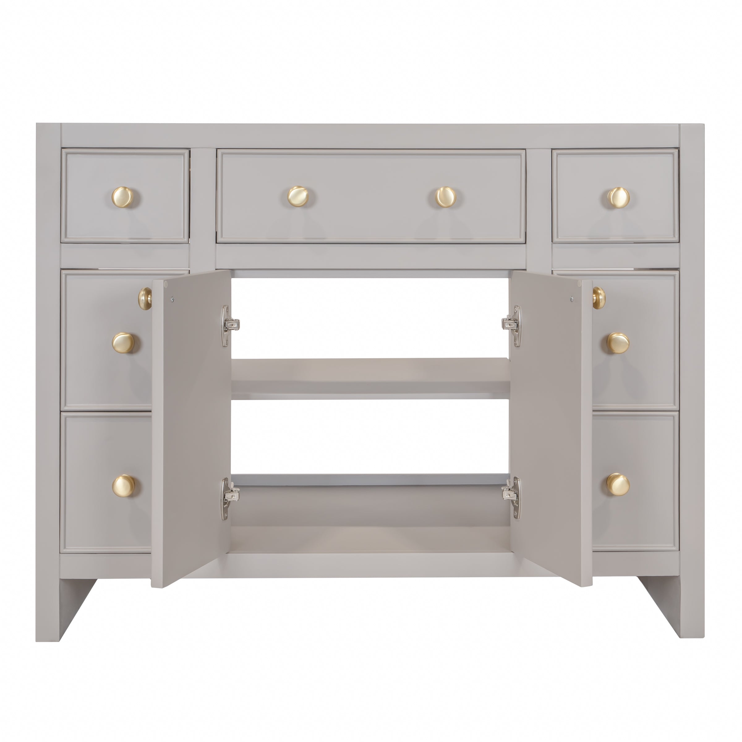 Gray bathroom vanity with gold knobs, open cabinet doors, and multiple drawers for storage space.