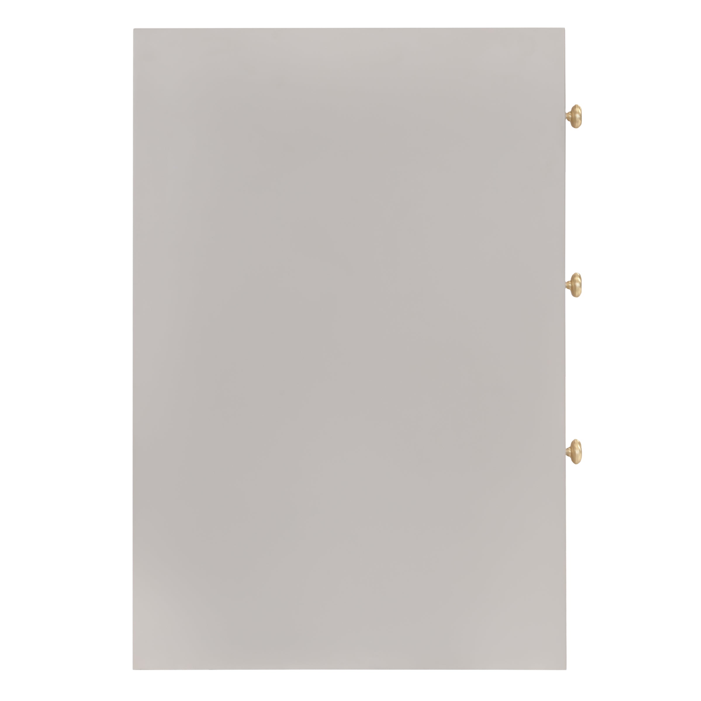 Smooth gray cabinet door panel with three round brass knobs on the right edge for modern home design