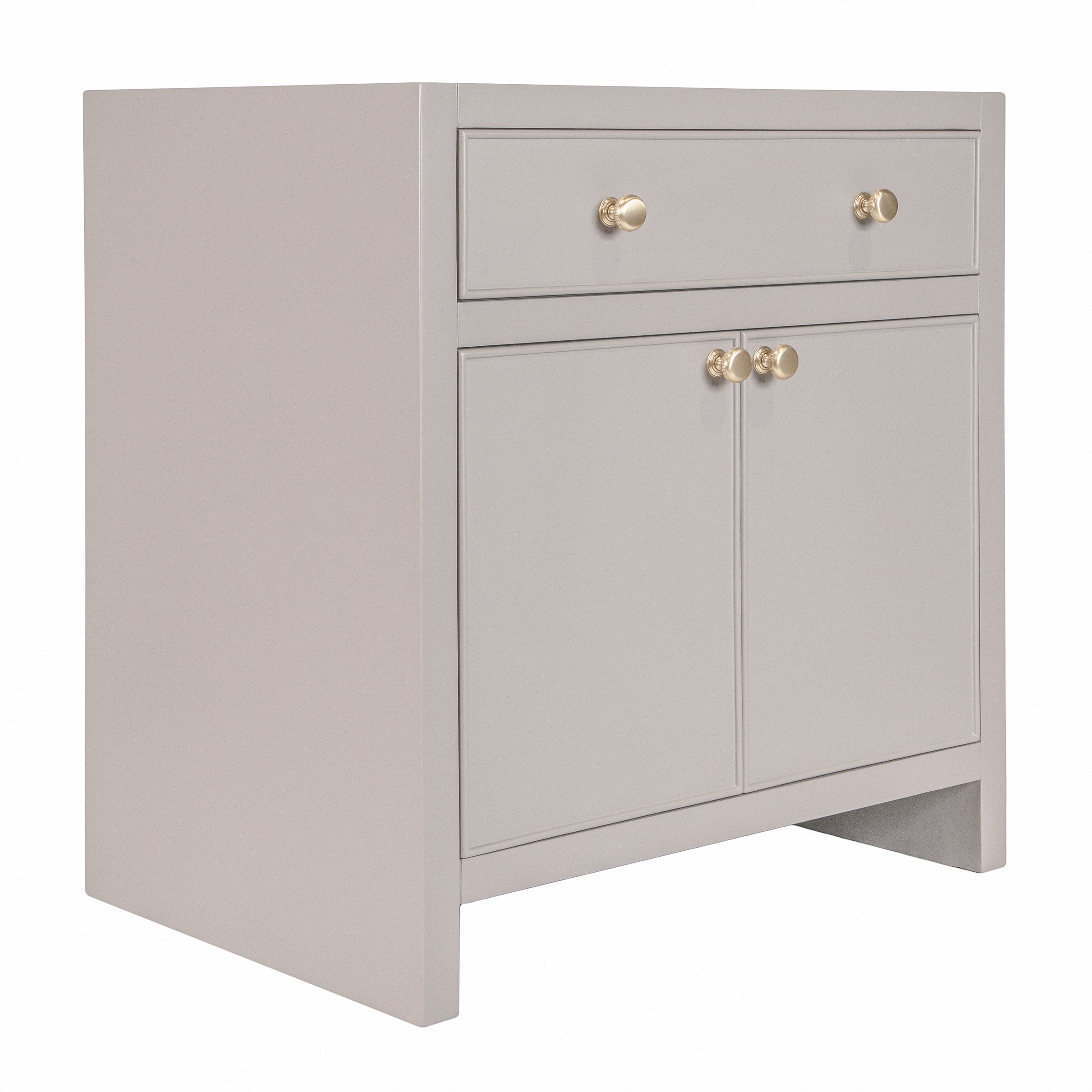 Compact taupe-gray vanity cabinet with single drawer and double doors featuring small round brass knobs