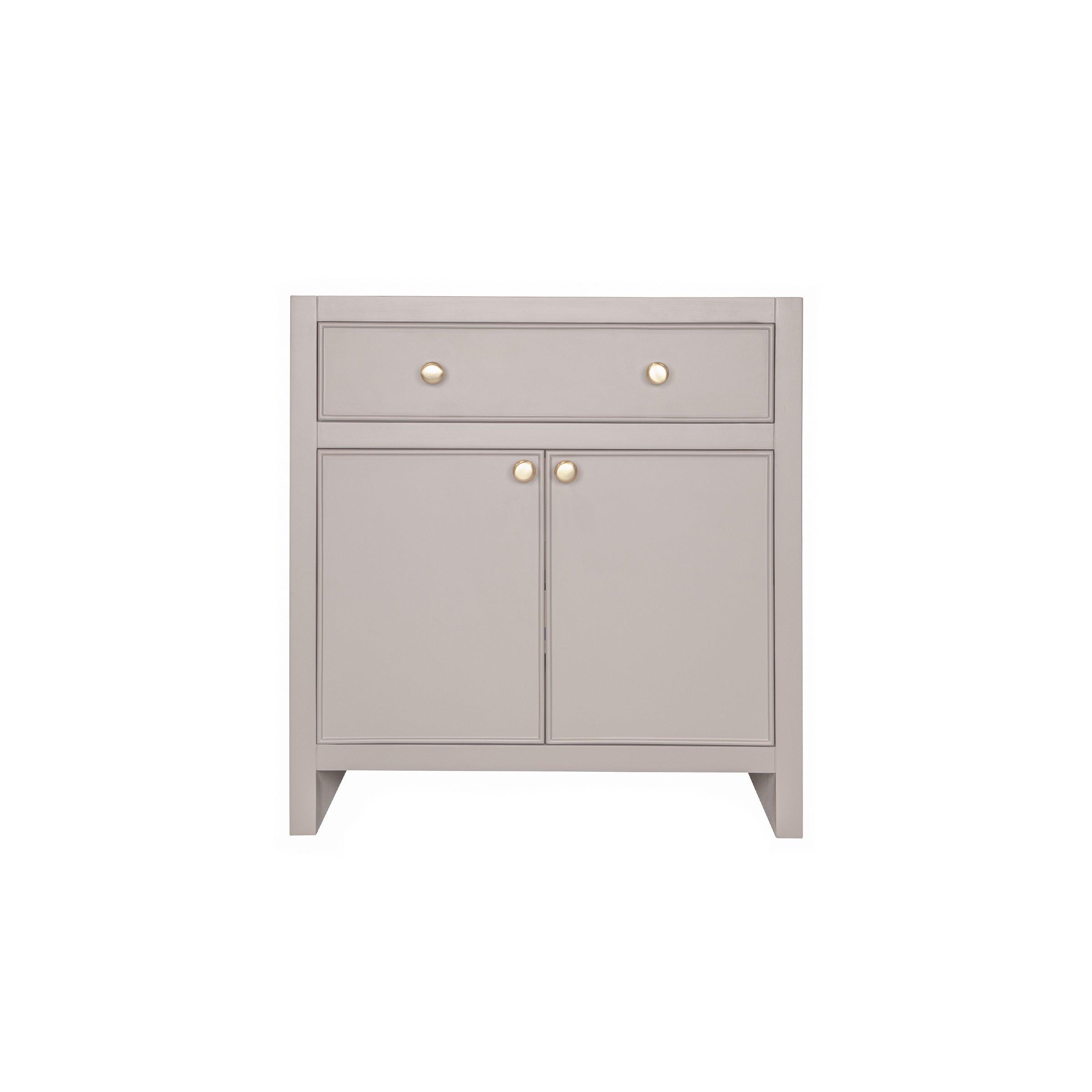 The Harlow Bathroom Vanity in plaster taupe with inset doors, round knobs, leg-mounted from Bathroom Vanities and New Arrivals collections