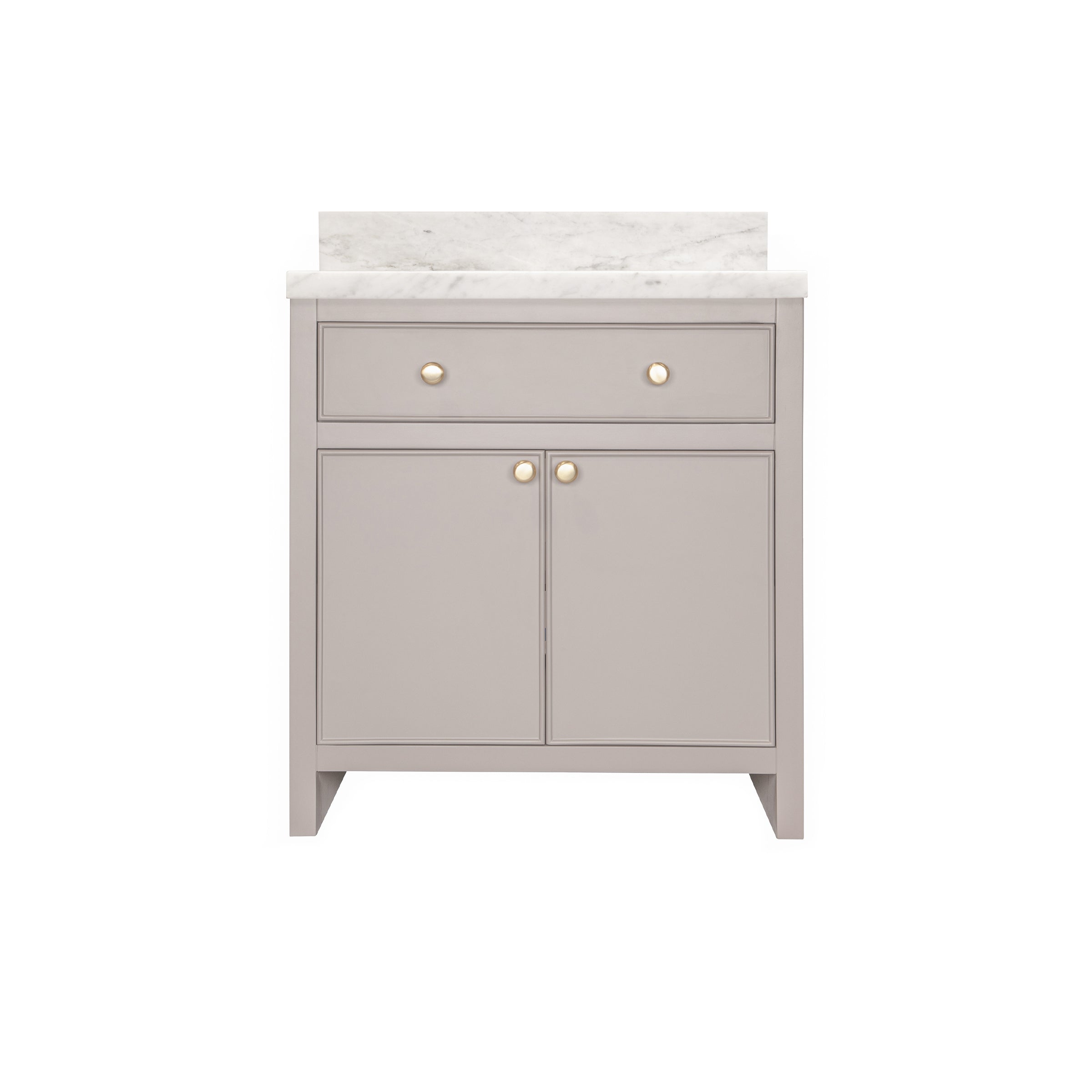 The Harlow Bathroom Vanity in gray and beige with inset doors, round knobs, leg-mounted design, and marble top from Bathroom Vanities collection