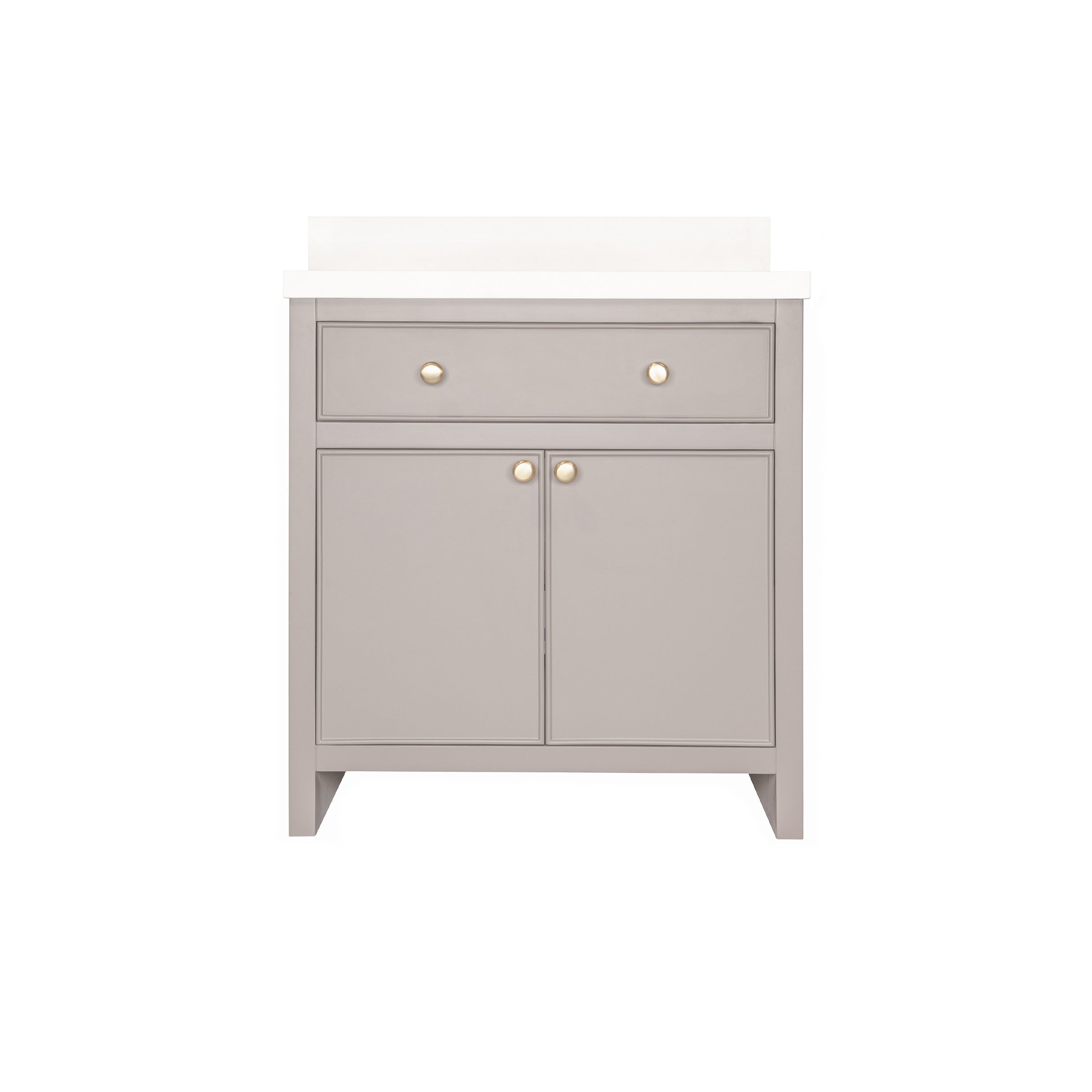 The Harlow Bathroom Vanity in gray and beige with inset doors, round knobs, leg-mounted design from Bathroom Vanities collection