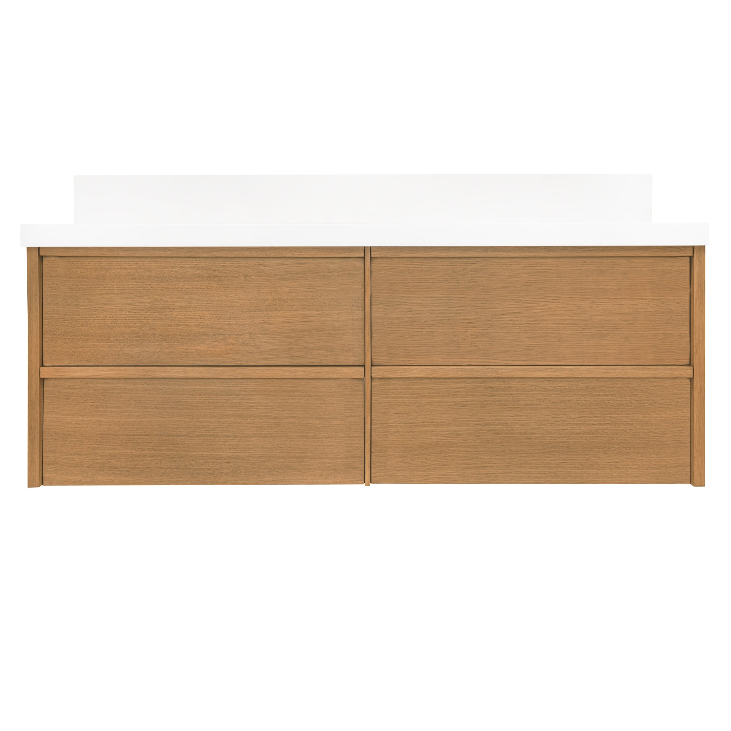 The Dune Bathroom Vanity in beige and brown with a wall-mounted design and smooth flush drawer fronts from New Arrivals collection