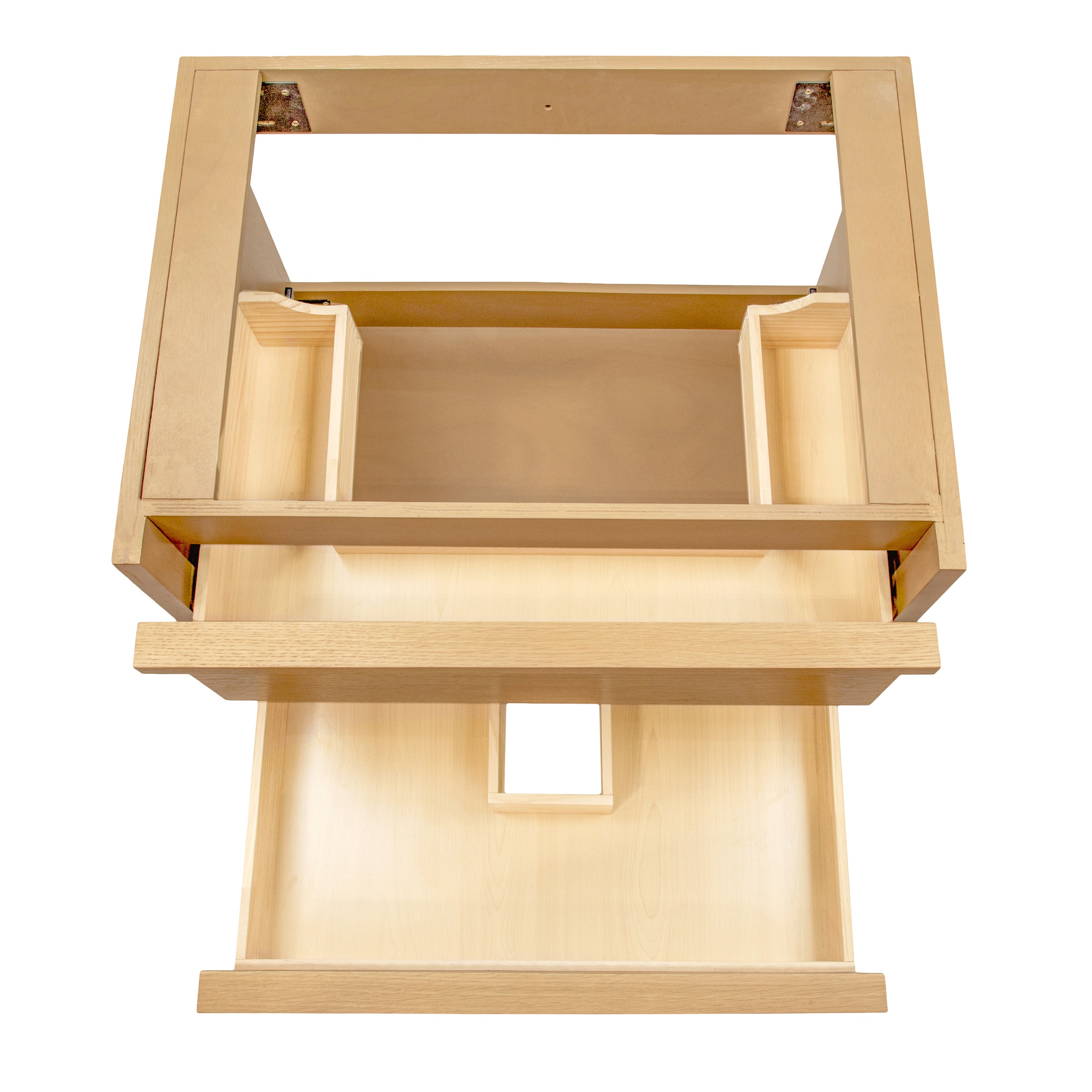 Light natural wood vanity base with large central drawer and open top section designed for plumbing access