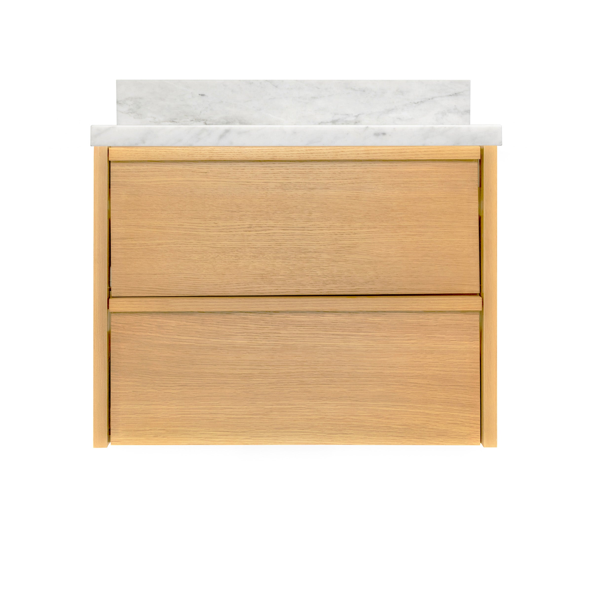 The Dune Bathroom Vanity in beige and brown with two flush drawer fronts and white marble-look countertop from New Arrivals collection