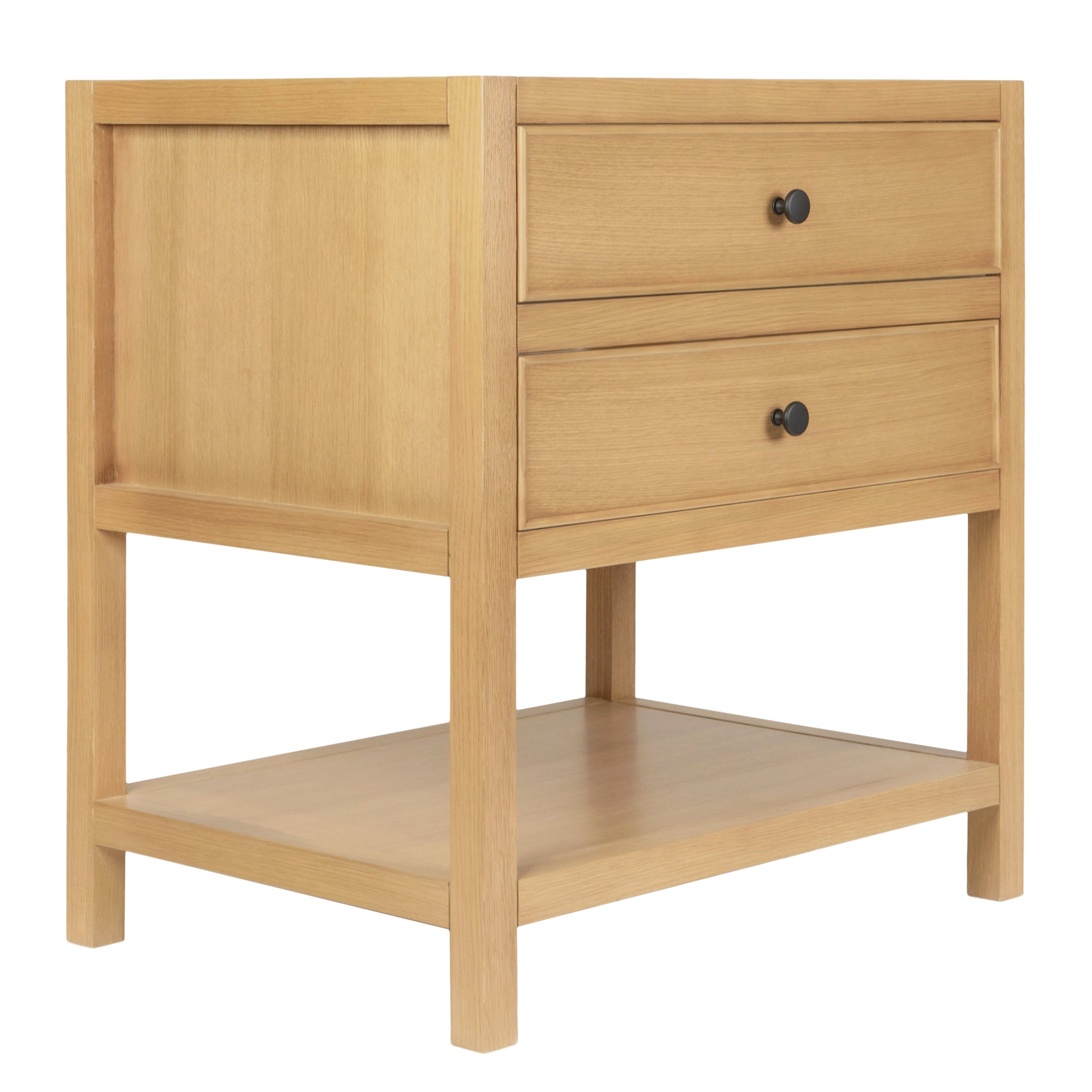 Light oak wood vanity with two drawers, black knobs, and an open lower shelf in a minimalist design