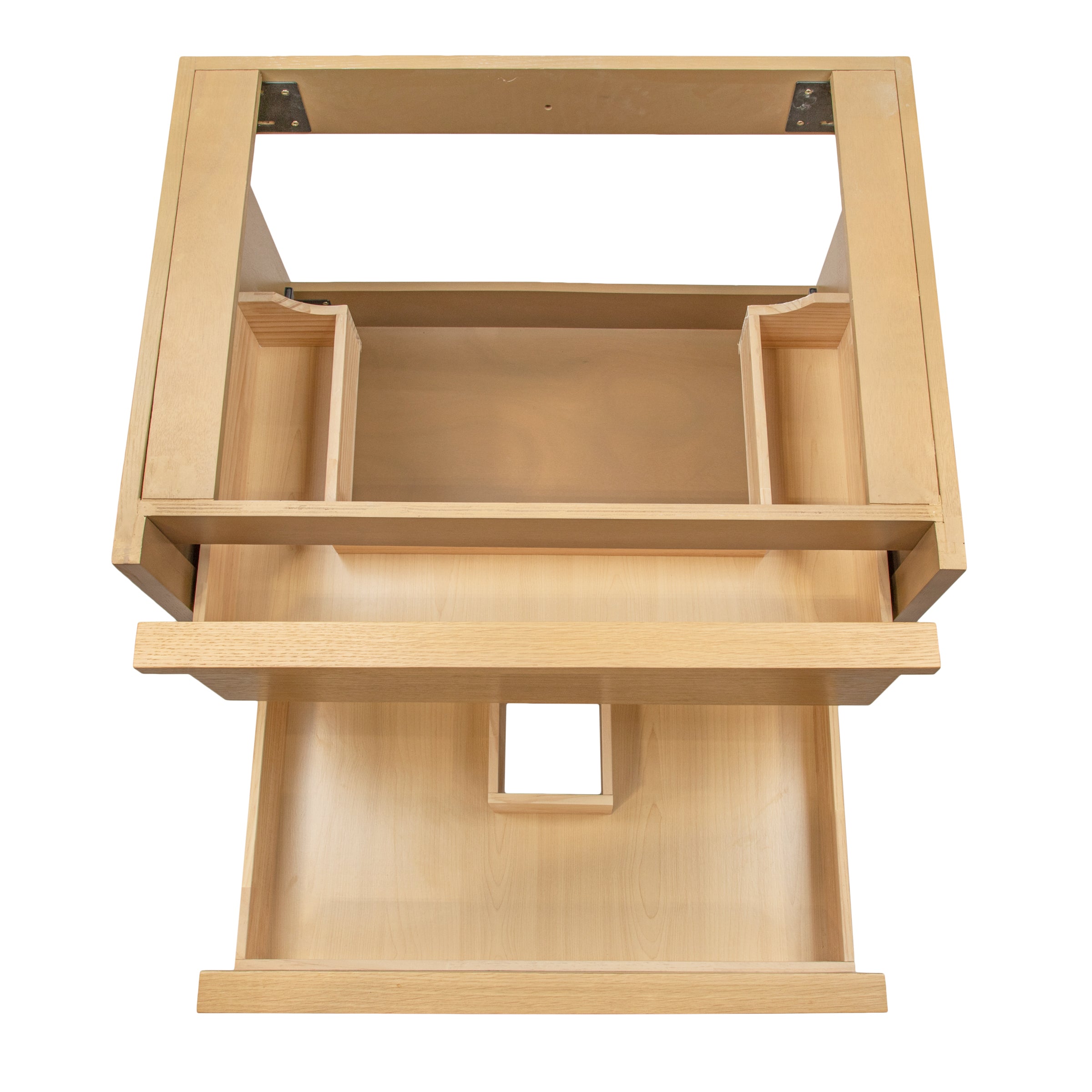 Wooden vanity cabinet frame with open compartments and drawer designed for bathroom sink installation