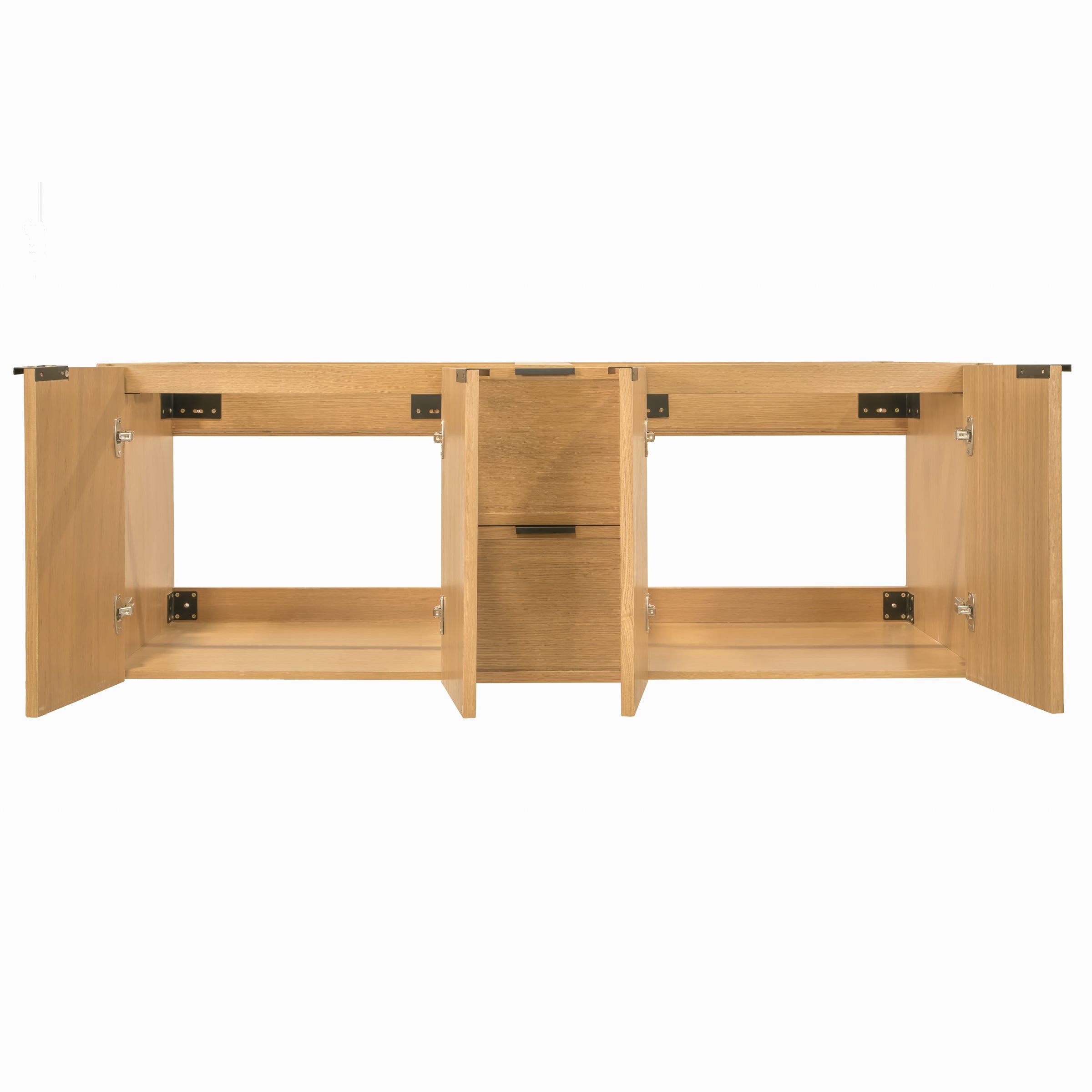 Natural oak wall-mounted cabinet frame with three open doors and a central drawer, showing metal hinges and hardware.