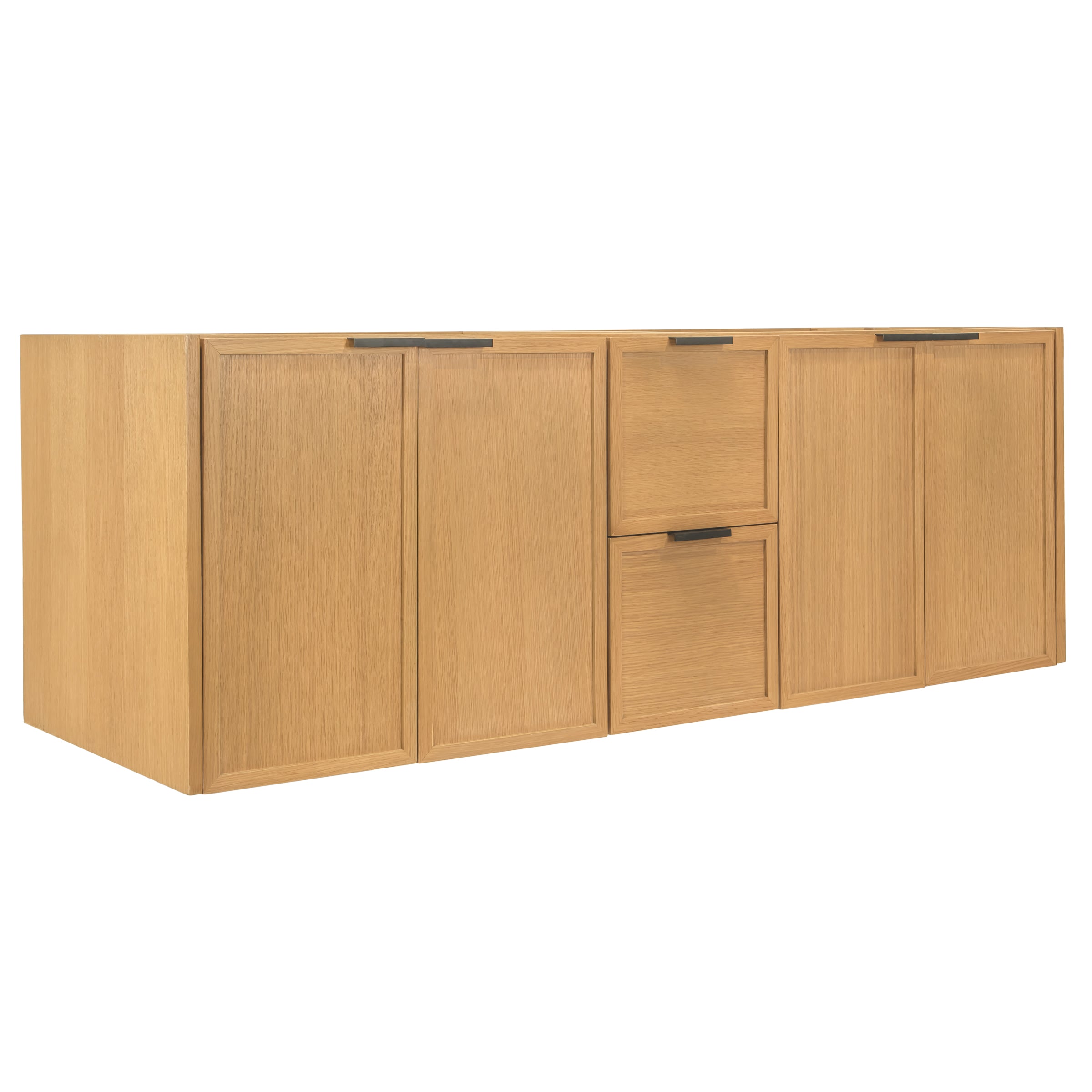 Wall-mounted oak wood cabinet with five flat panel doors and two drawers, featuring sleek dark handles and natural finish.