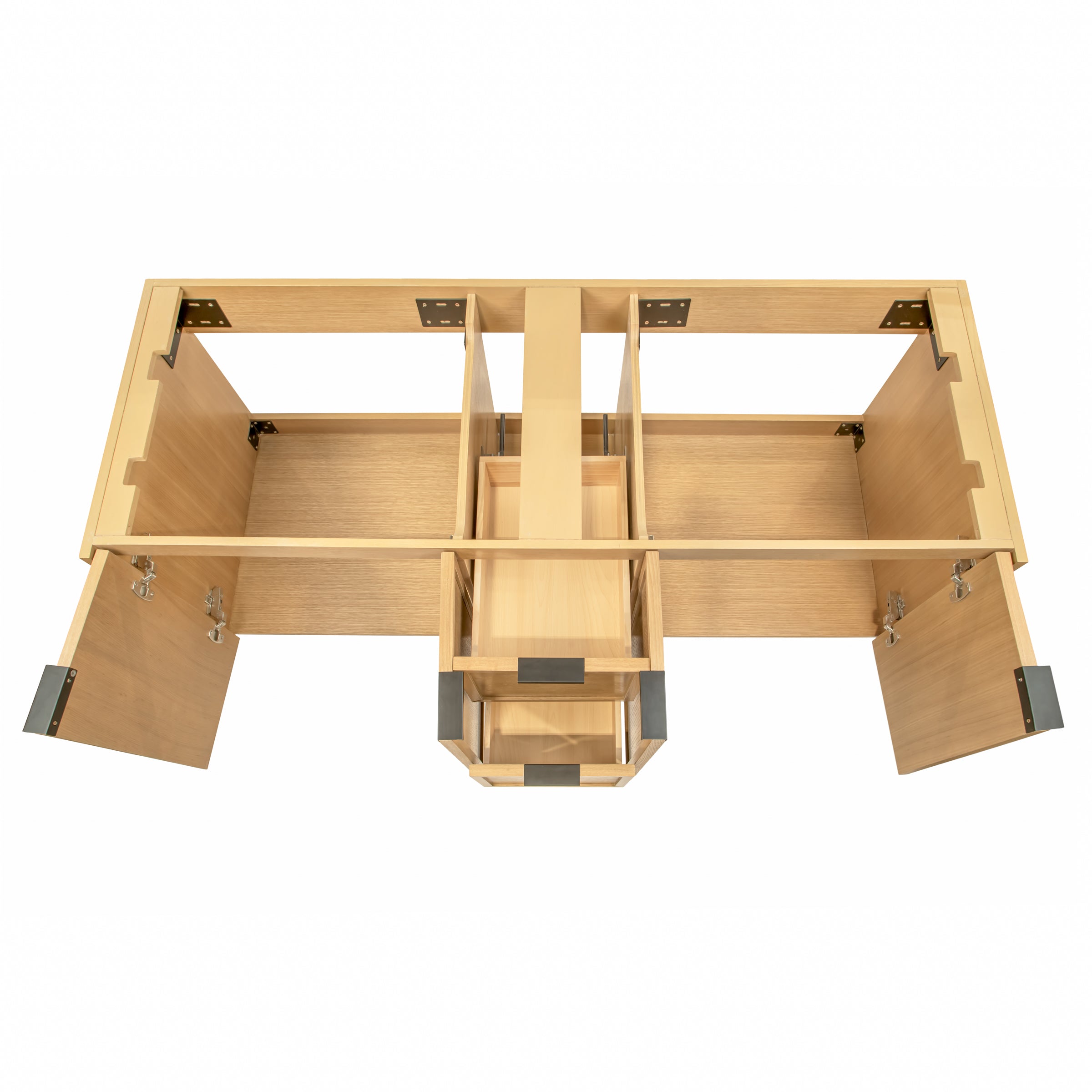 Top view of an open light oak wood vanity cabinet frame with two hinged doors and central open drawers with metal hardware visible