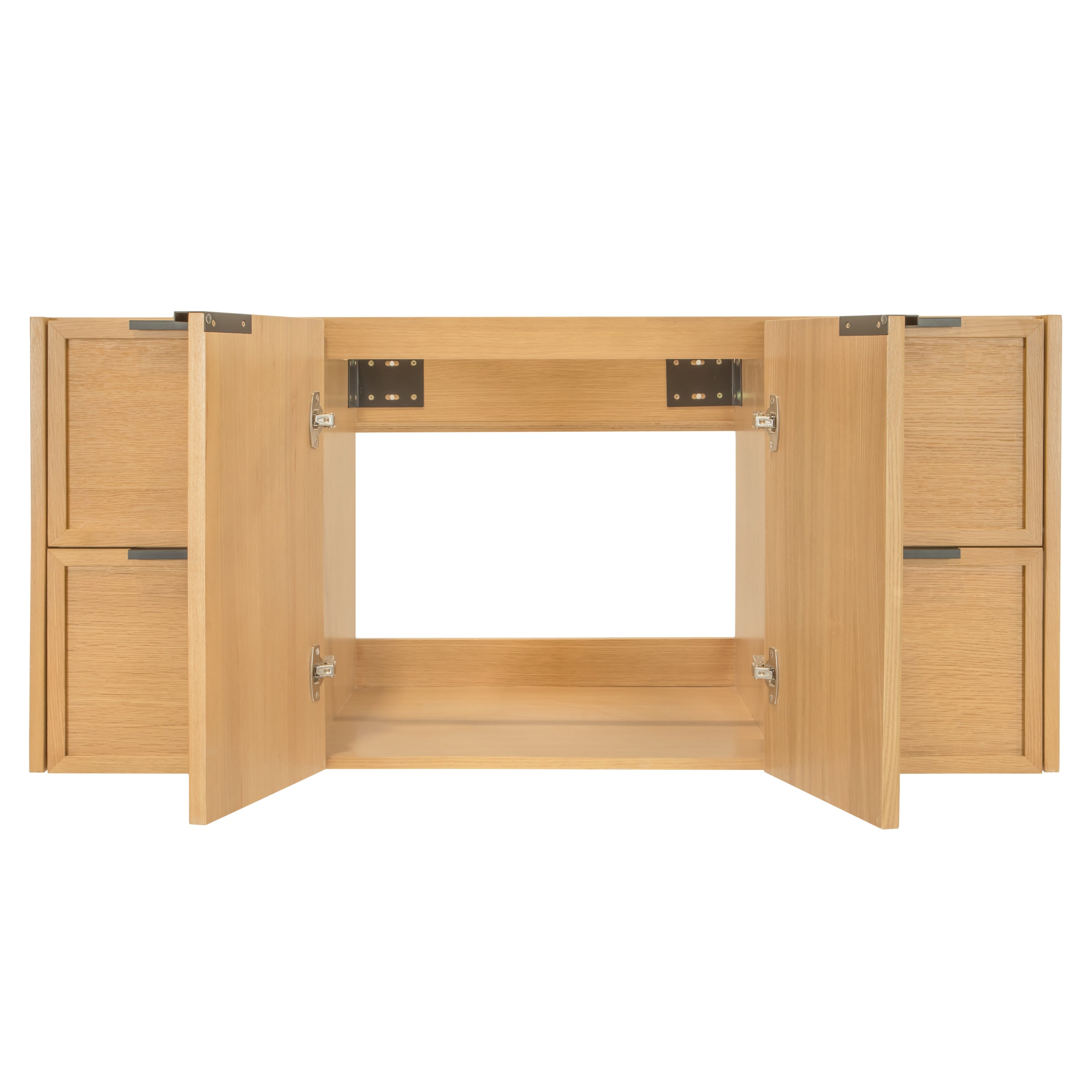 Light oak wood vanity with four flat panel doors open, showing metal hinges and an empty central space.