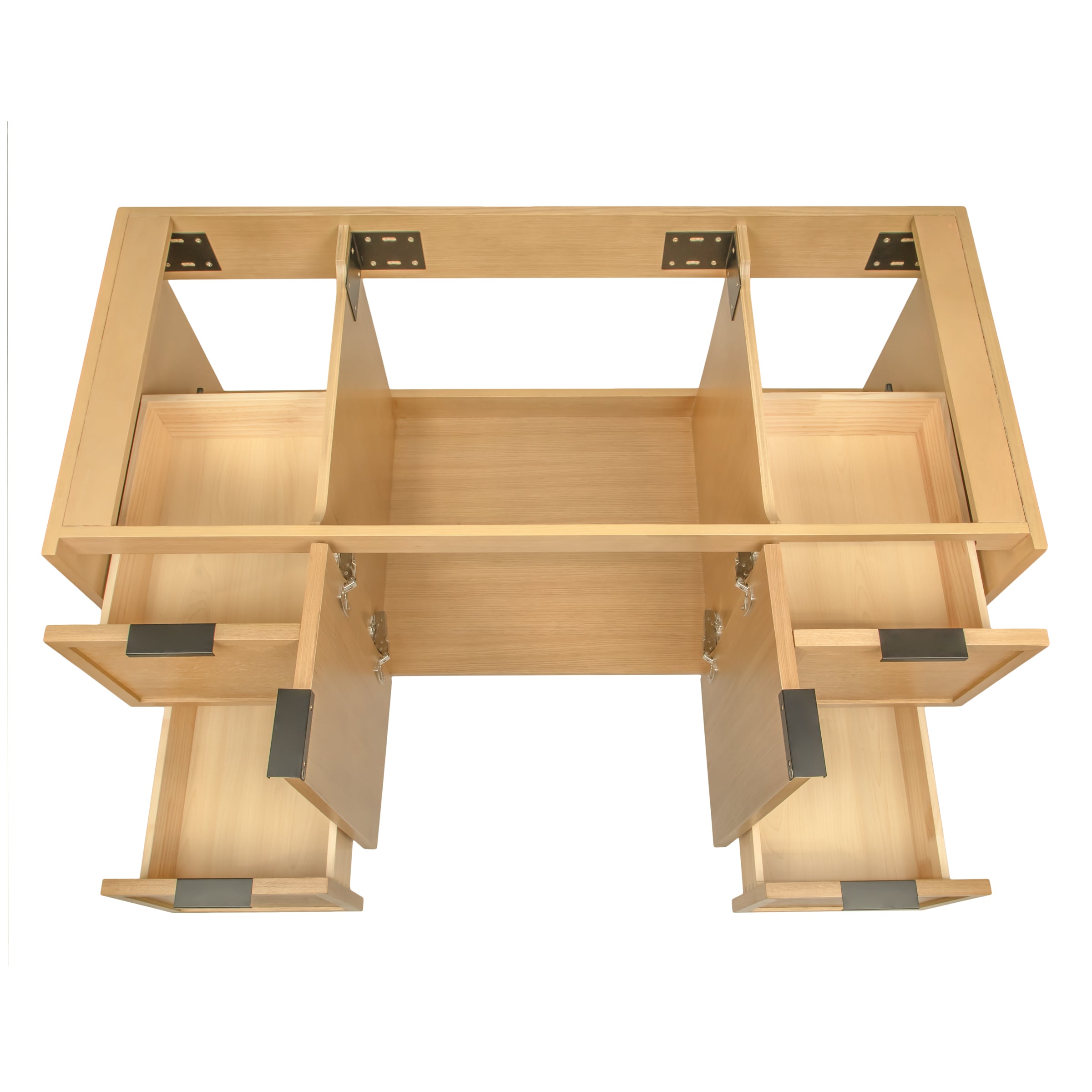 Overhead view of an unfinished wood cabinet frame showing multiple open drawers and door compartments with metal hinges and handles