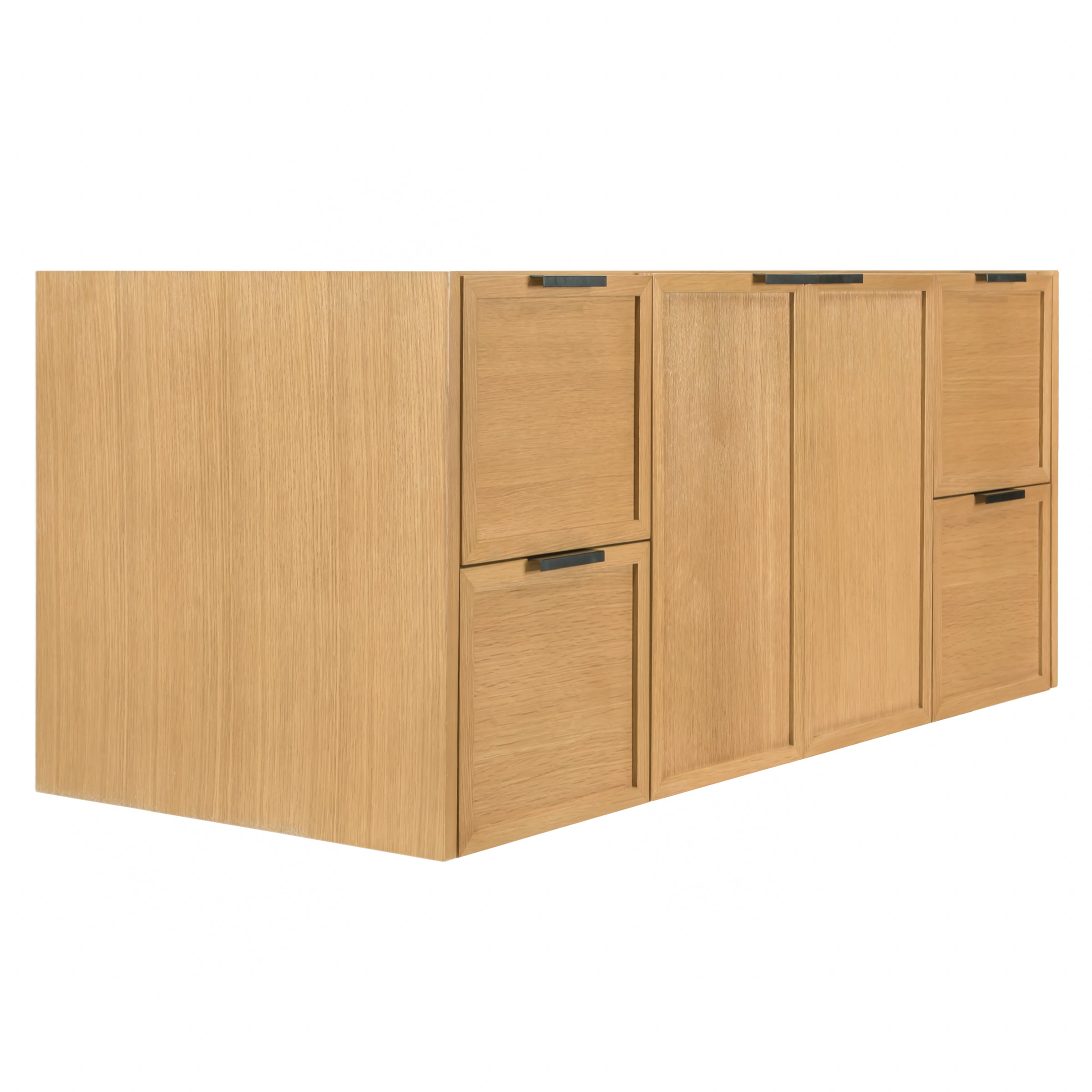 Modern oak wood vanity cabinet with recessed black handles and flat panel doors in a light natural finish