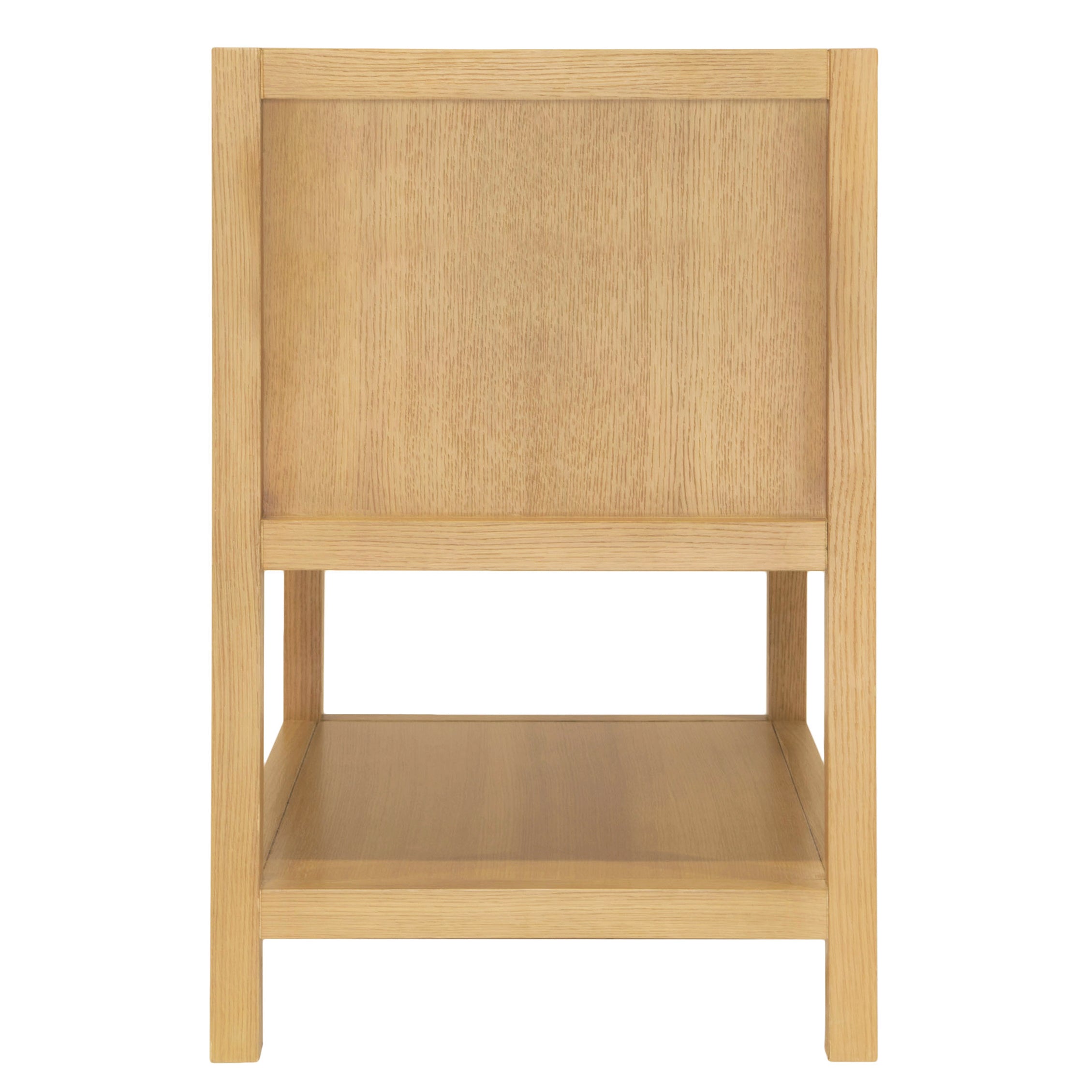 Simple light oak wooden vanity with a lower shelf in natural oak finish for versatile storage or display