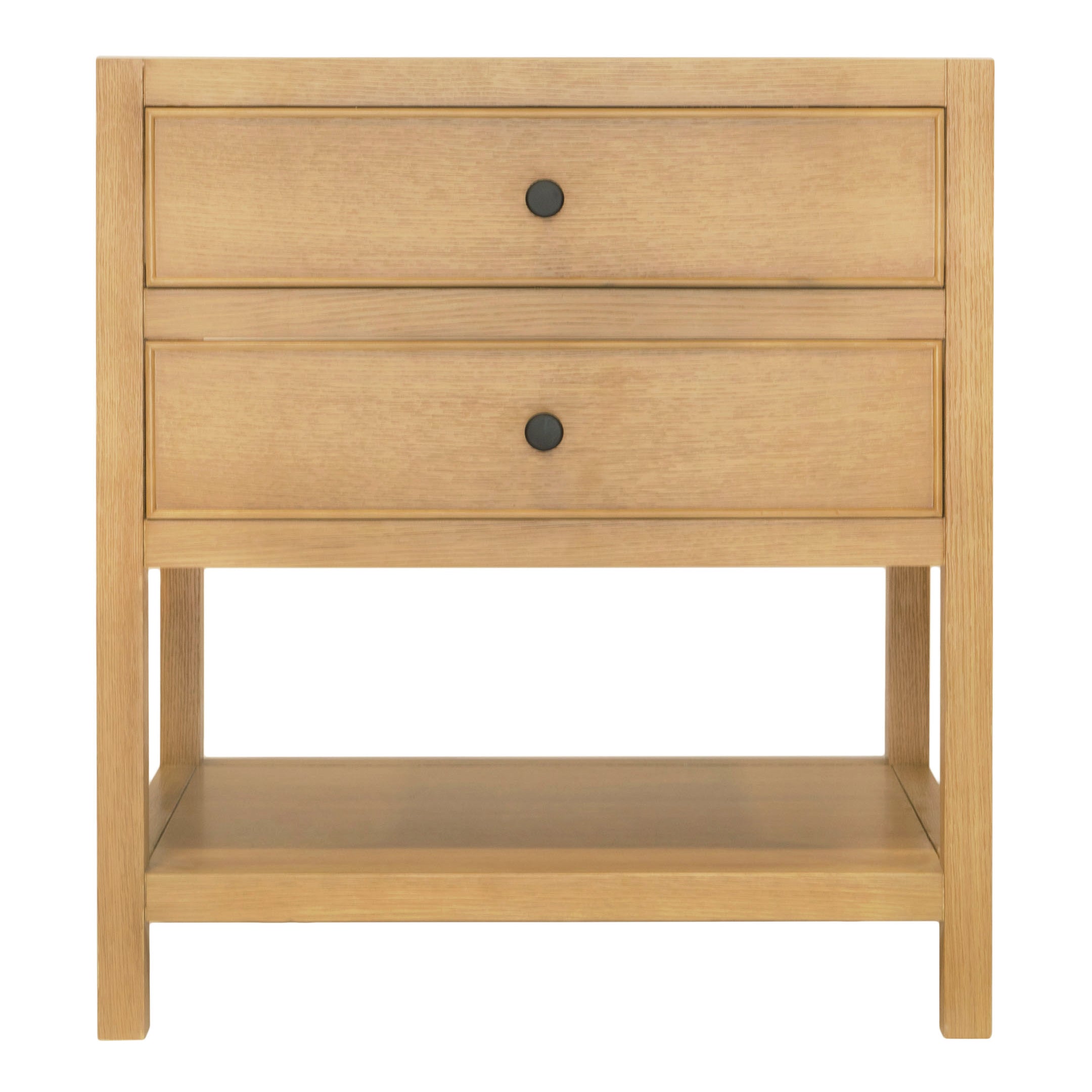 Minimalist light oak wooden vanity with two drawers and an open lower shelf, featuring black round knobs.