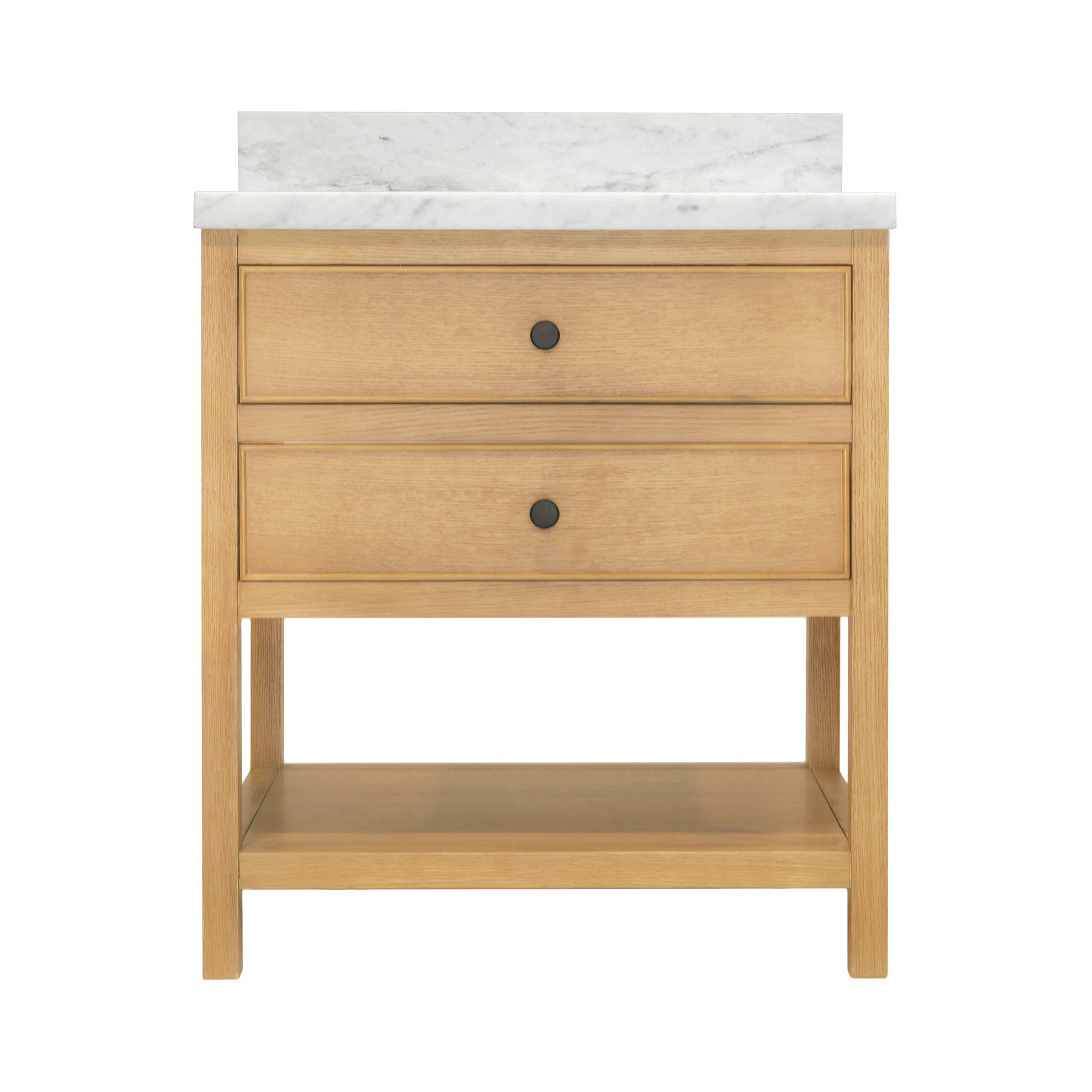 Type 6 Bathroom Vanity in warm oak with marble top, double drawers, open lower shelf, part of Bathroom Vanities collection.